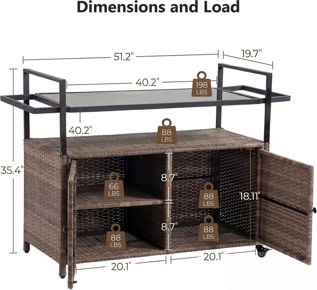 51.2' Wicker Outdoor Bar Cart - Black Patio Console Storage Table Buffet Cabinet Serving Kitchen Cart with Wheels for Outside Backyard