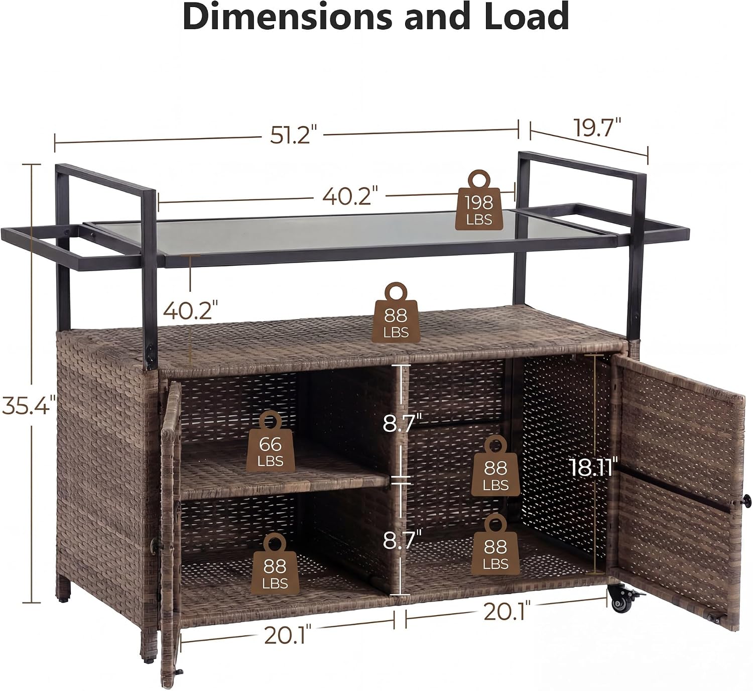 51.2' Wicker Outdoor Bar Cart - Black Patio Console Storage Table Buffet Cabinet Serving Kitchen Cart with Wheels for Outside Backyard