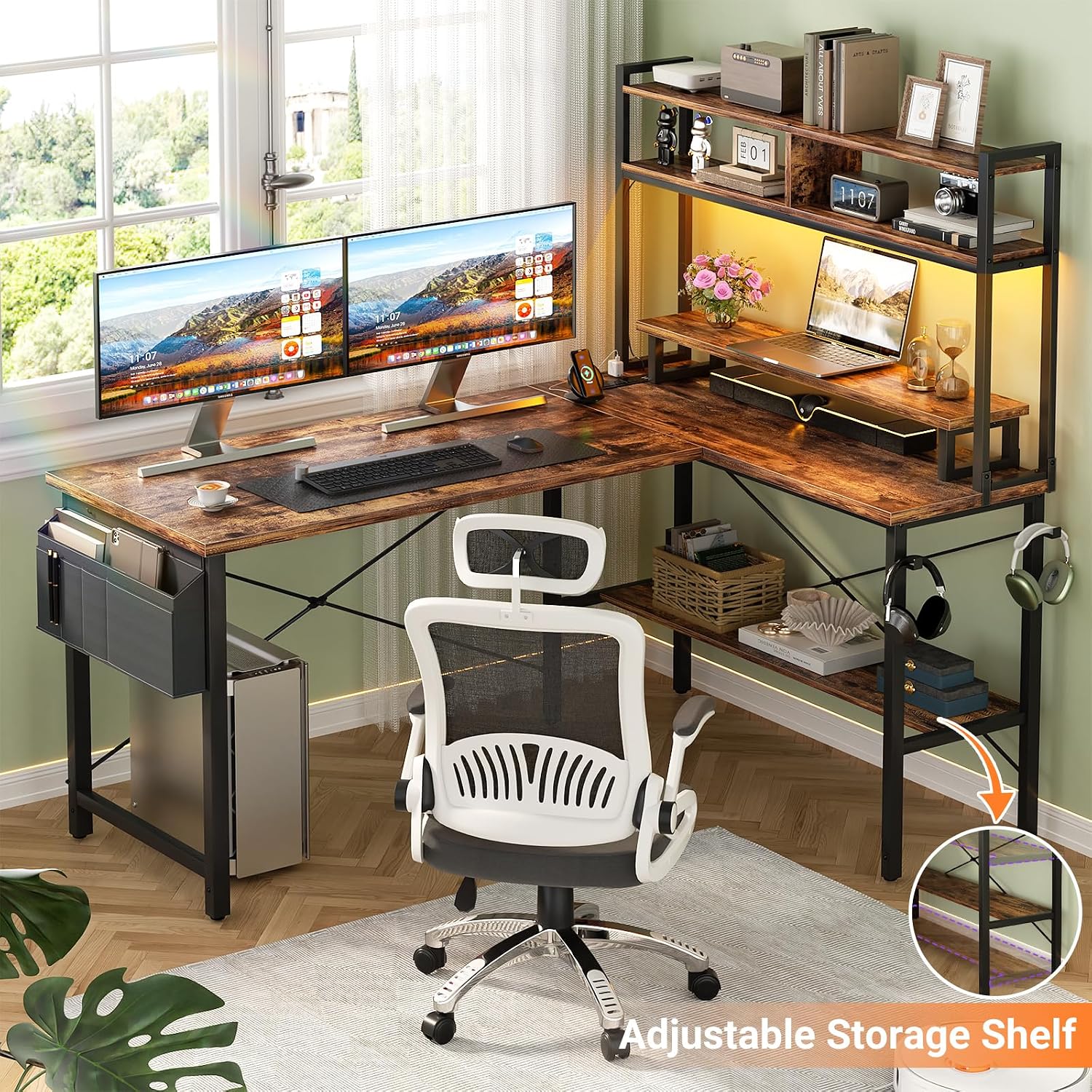 Aheaplus L Shaped Gaming Desk with Power Outlets & LED Lights, Small L-Shaped Desk Computer Corner Desk with Monitor Stand & Storage Shelf, Home Office Desk Writing Desk with Storage Bag, Rustic Brown