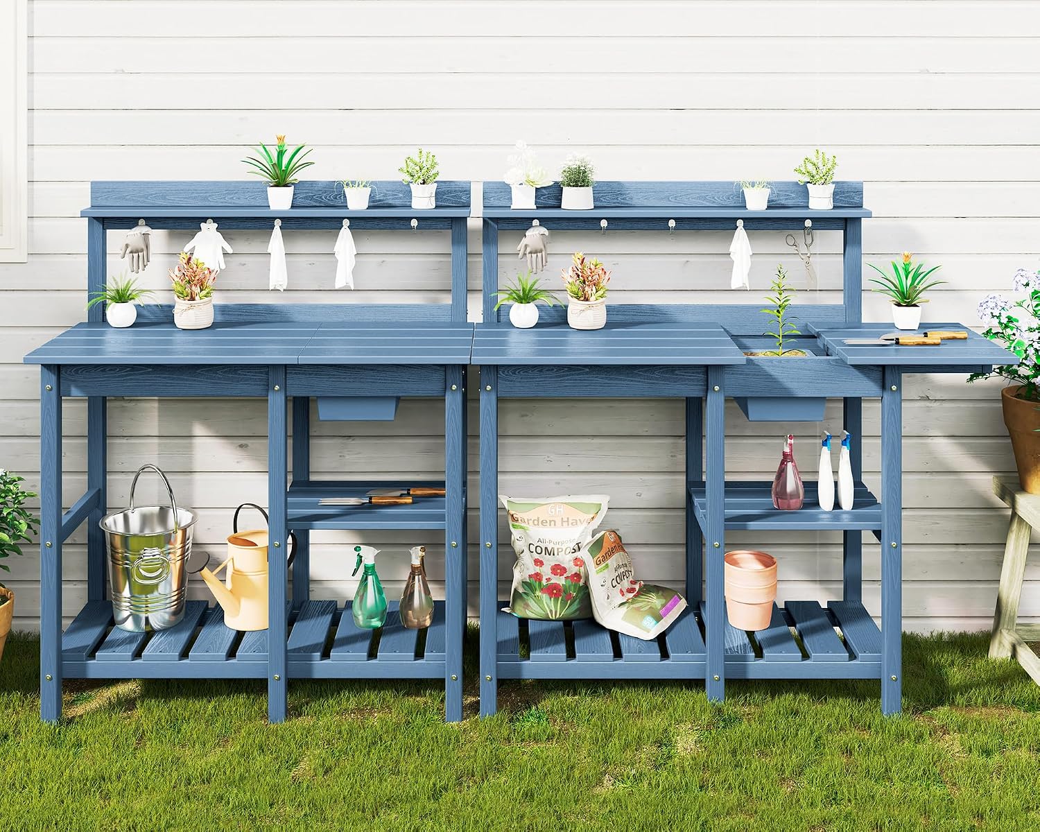SERWALL Outdoor Potting Bench with Removeable Sink,Rot-Resistant HDPE Potting Table for Outside Gardening, All Weather Use - Blue