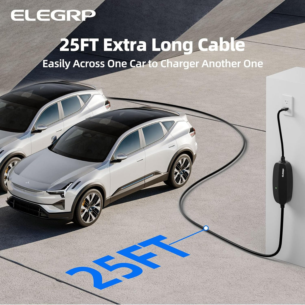 ELEGRP Level 1/2 EV Charger, 16 Amp, Portable J1772 Electric Car Charger, 25FT Cable, NEMA 6-20 & 5-15 Adapter, 110V-240V for BEVs/PHEVs, PBE & LRC Technology