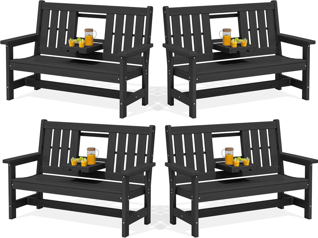 SERWALL Outdoor Bench with Cup Holder, 58' HDPE Garden Park Bench Suitable for 3 Person, All Weather Patio Benches with High Backrest and Wide Armrests for Garden, Park, Yard, Front Porch, Black