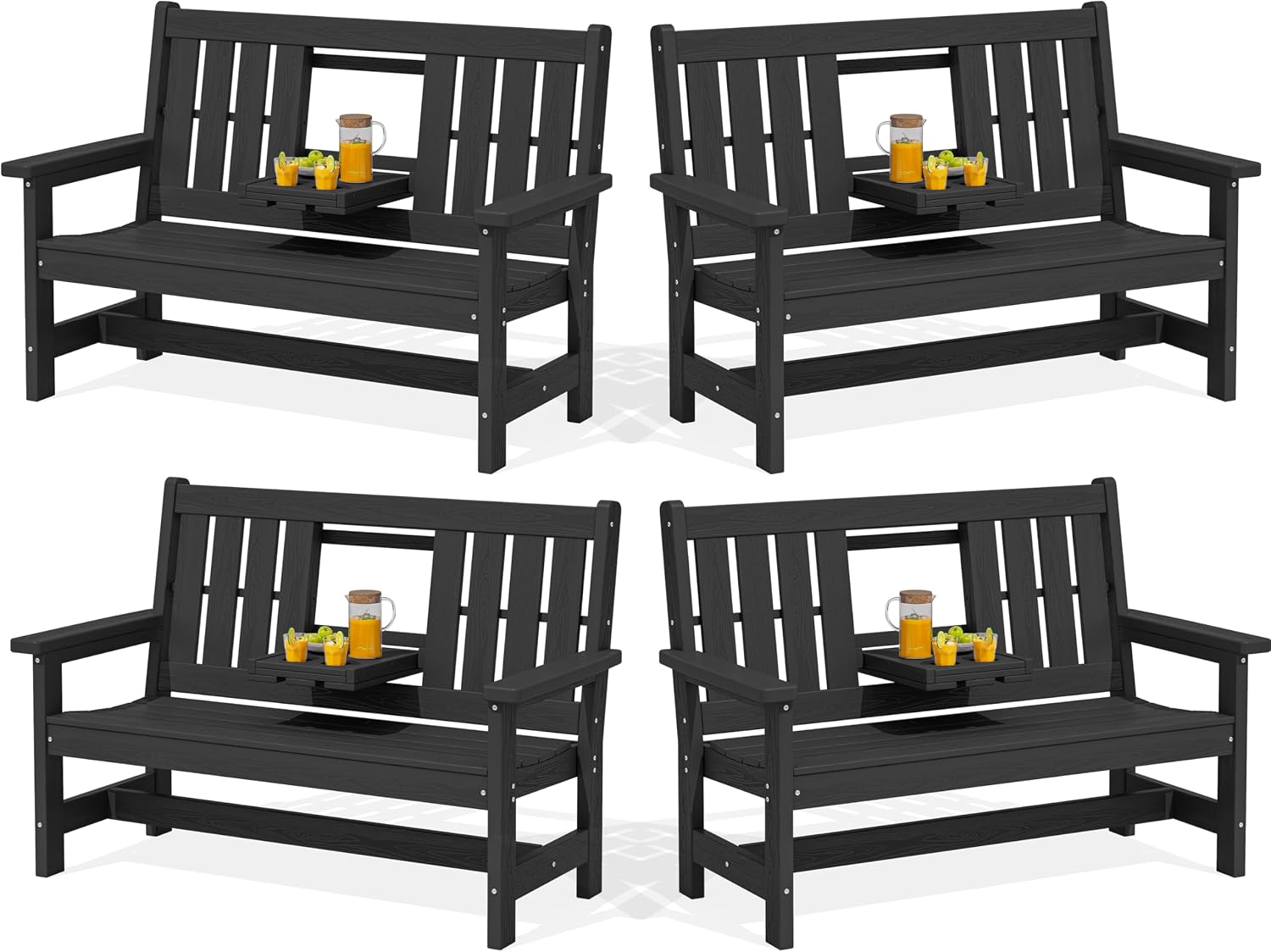 SERWALL Outdoor Bench with Cup Holder, 58' HDPE Garden Park Bench Suitable for 3 Person, All Weather Patio Benches with High Backrest and Wide Armrests for Garden, Park, Yard, Front Porch, Black