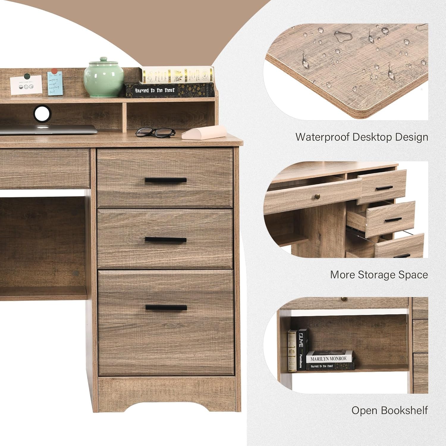 Catrimown Computer Desk with 4 Drawers and Hutch, Wood Executive Desks with File Drawer and Shelves, Small Desk Study Table for Bedroom, Student Teen Writing Laptop Table, Grey