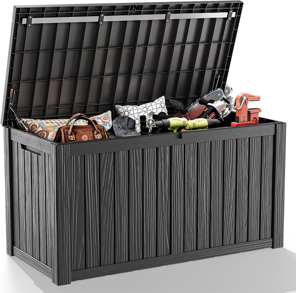 ROJIK 180 Gallon Outdoor Storage Box Waterproof-Patio Furniture Resin Deck Box, Garden Tools, Cushions, Pool Accessories Storage Bench with Lockable Lid and Side Handles (Black, 180 Gal)