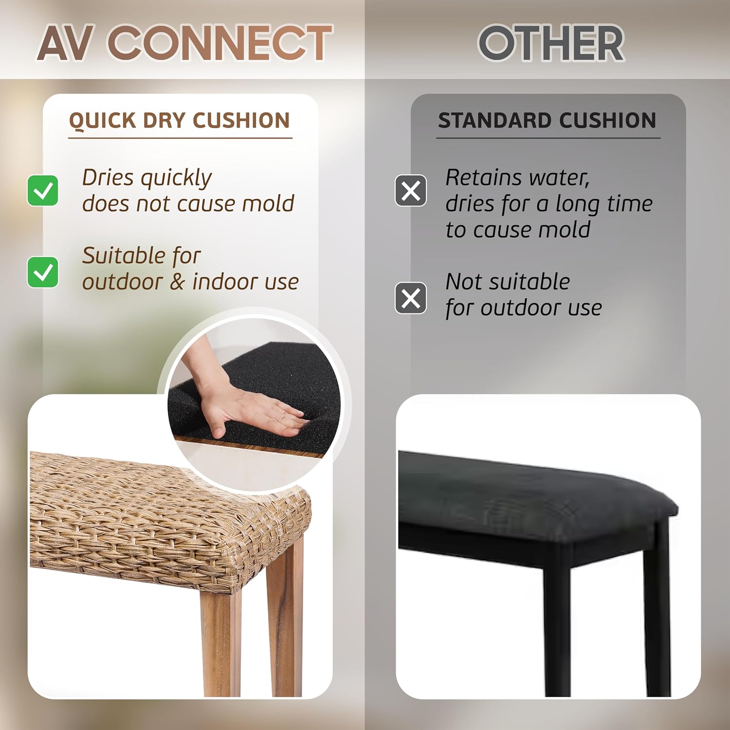 Outdoor Backless Bench, All-Weather Wicker & Solid Acacia Wood, Premium Garden Bench with Woven Rattan Seat and Thick Outdoor Cushion for Patio, Porch, Living Room or Entryway (Natural, PE Wicker).