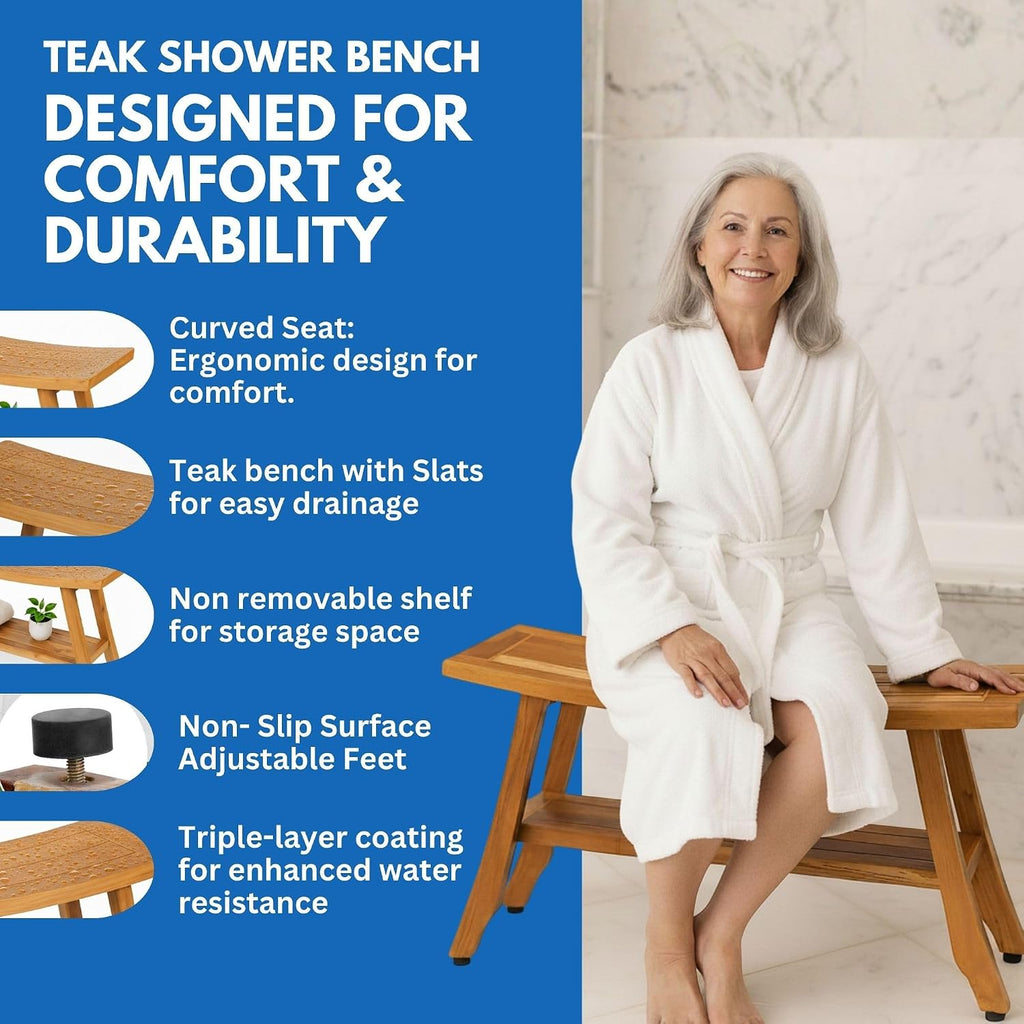 EcoDecors 34 Inch Satori Natural Teak Waterproof Teak Wood Shower Bench Stool Seat Chair For Inside Shower Provides Safety, Storage, and Organization For Bathroom Accessories