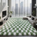 Large Area Rugs for Living Room Bedroom,9x12 Green and White Fluffy Soft Checkered Rug Fuzzy Shag Shaggy Carpet,Indoor Plush Floor Rugs for Teen Dorm Home Decor