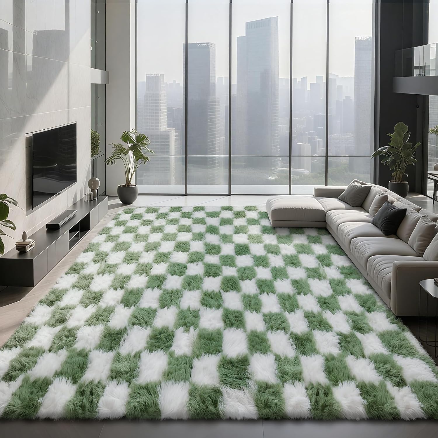 Large Area Rugs for Living Room Bedroom,9x12 Green and White Fluffy Soft Checkered Rug Fuzzy Shag Shaggy Carpet,Indoor Plush Floor Rugs for Teen Dorm Home Decor