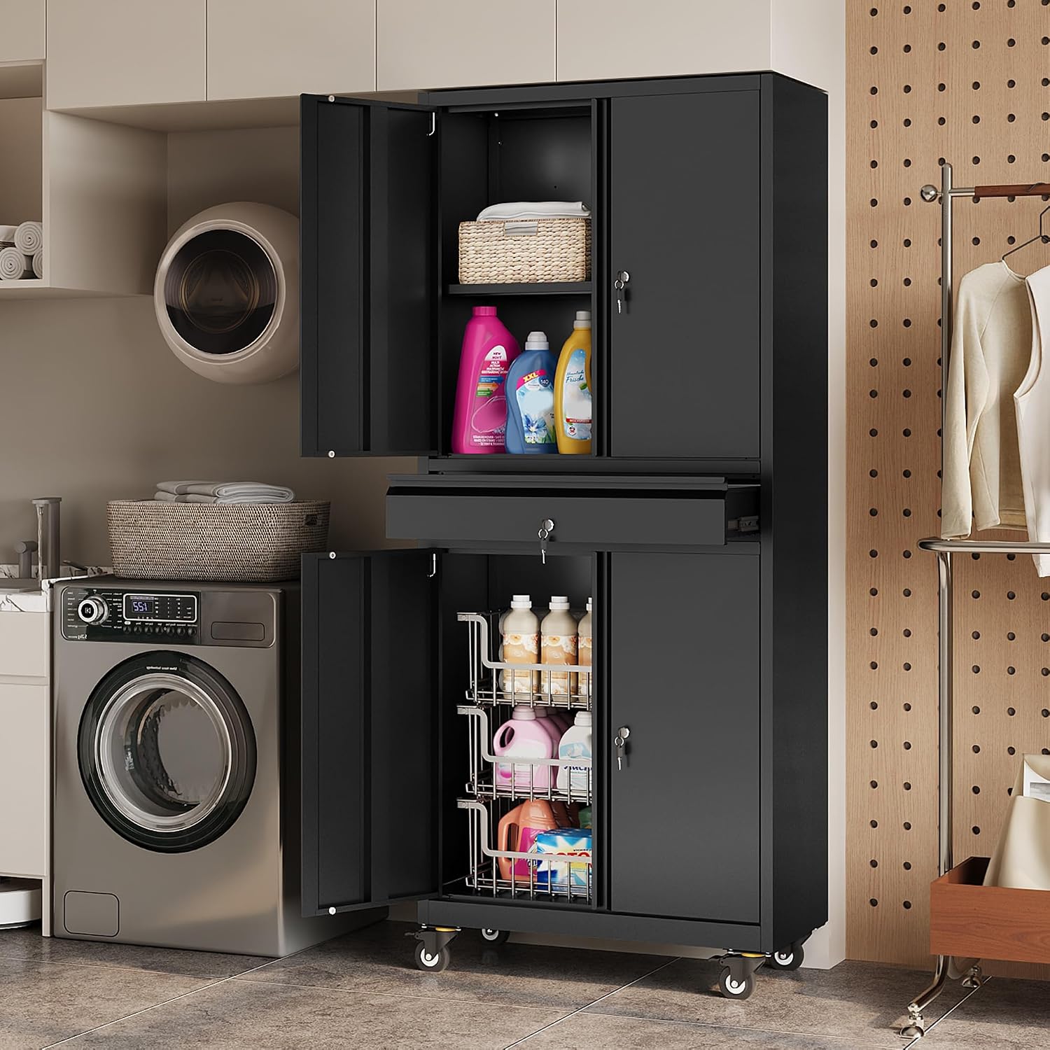 DEVAISE Metal Garage Storage Cabinet with Locking Doors and Drawer,71' Tool Cabinet with Adjustable Shelves & Wheels, 71' Steel Cabinet for Garage, Warehouse (Black)
