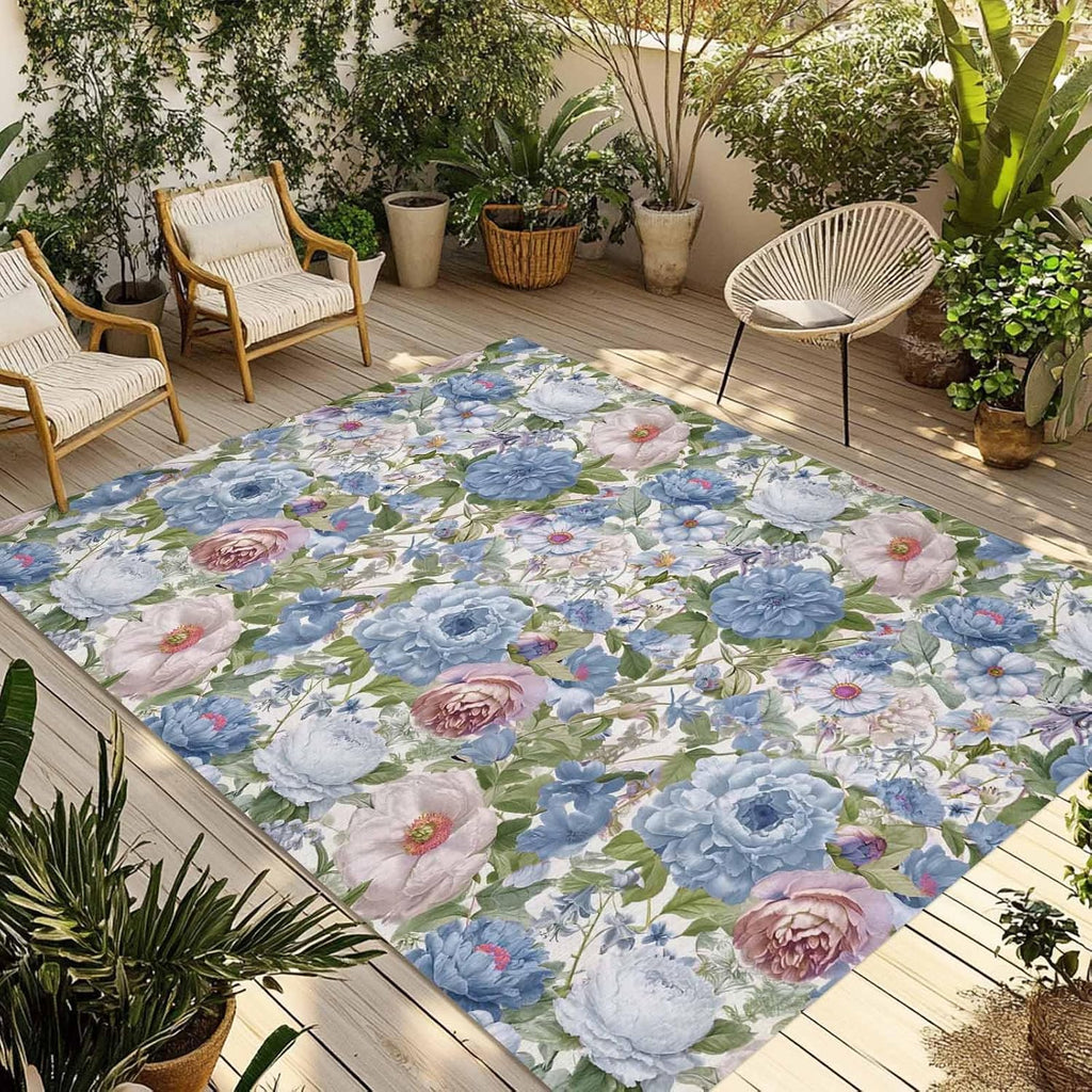 Blue Pink Spring Floral Outdoor Rug for Patio/Deck/Porch, Non-Slip Large Area Rug 6 x 9 Ft, Vintage Summer Botanical Indoor Outdoor Rugs Washable Area Rugs, Reversible Camping Rug Carpet Runner