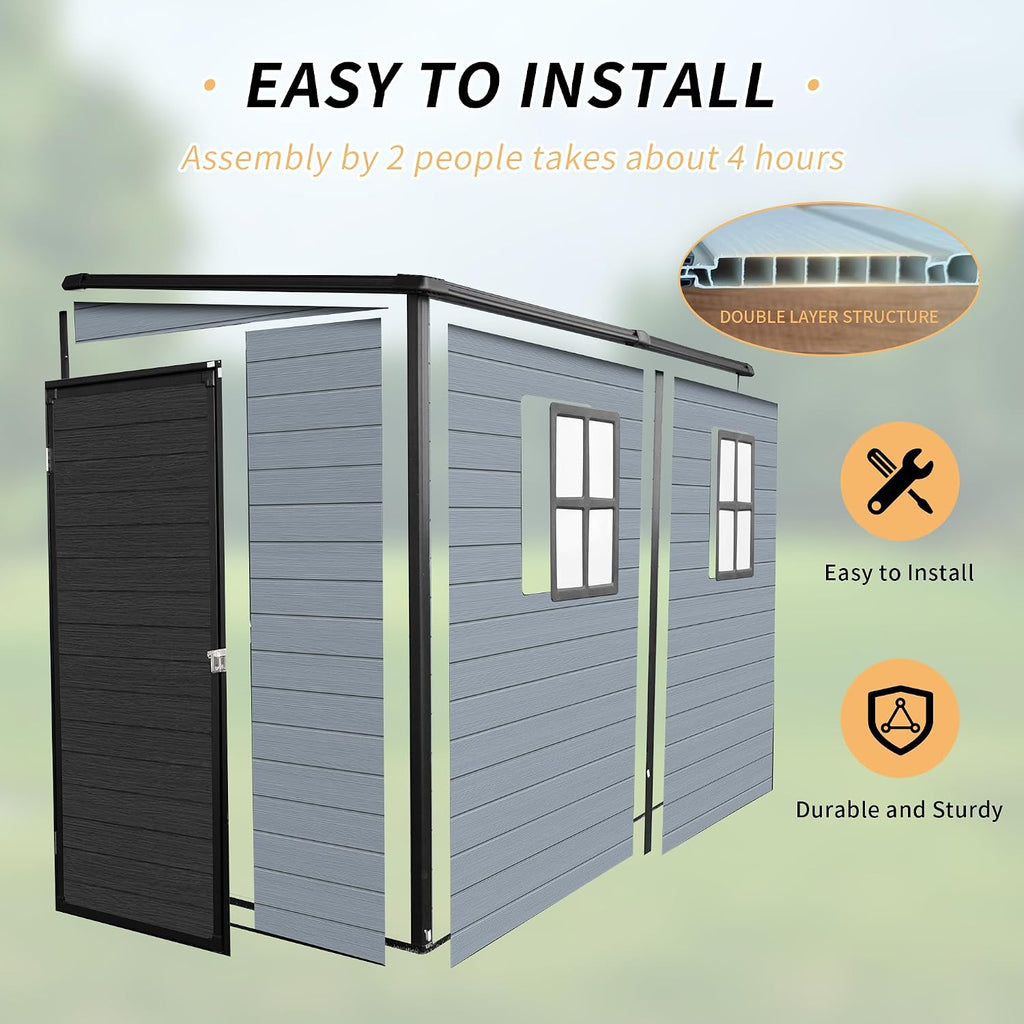 4x8ft Resin Shed with Floor Included, Outdoor Storage Lean to Shed with 2 Windows and Lockable Door, Garden Sheds for Tools, Bike, Gray and Black