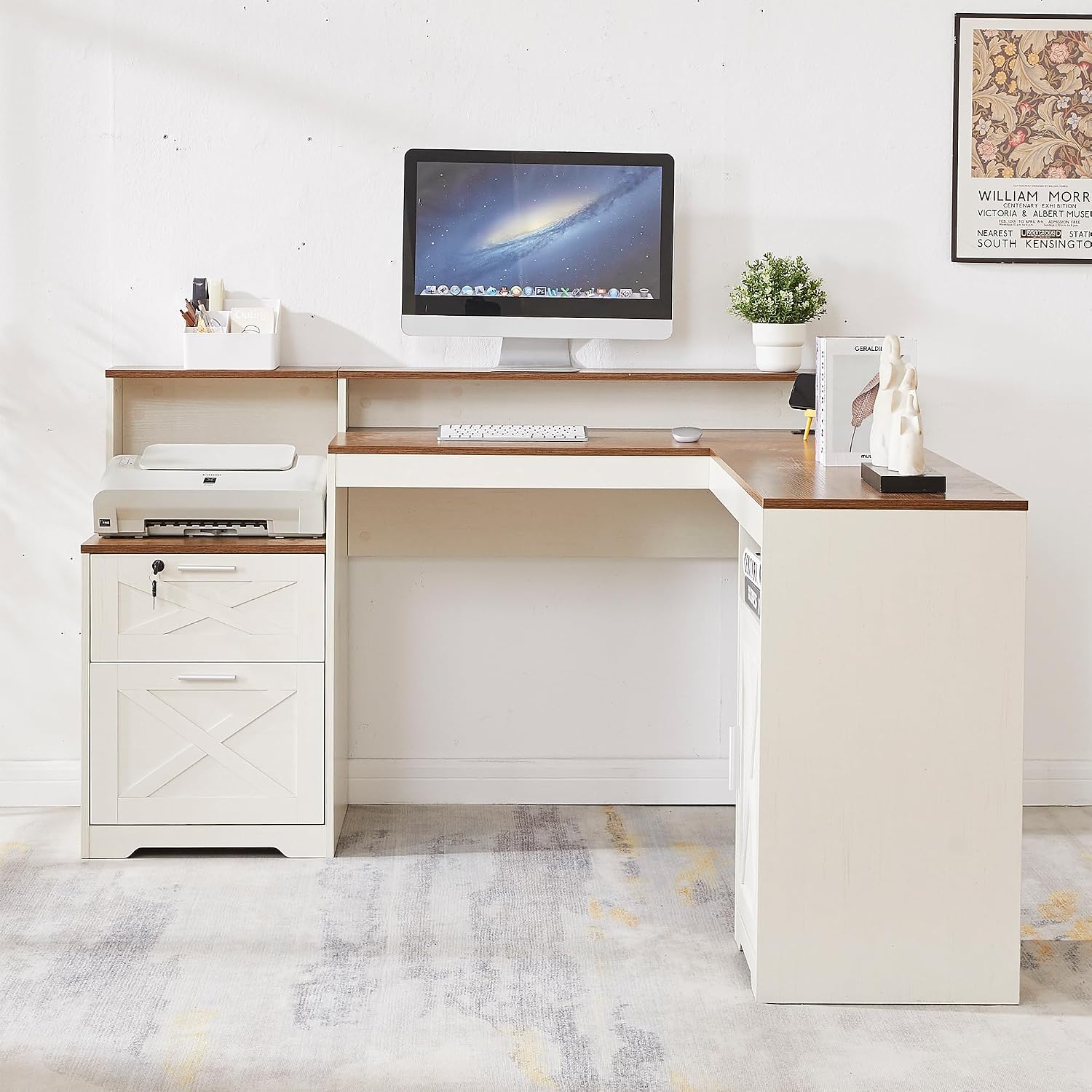 60' L Shaped Executive Desk with Printer Space,Corner Computer Desk with Power Outlets,Lockable Drawers & Adjustable File Cabnet,L Shaped Office Desk with Monitor Stand