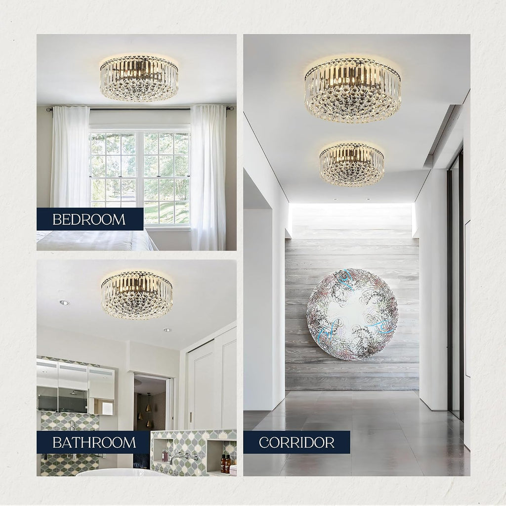 17.3' Black K9 Crystal Raindrop Flush Mount Ceiling Light, Modern Chandelier, Round Luxury Light Fixture for Dining Room, Bedroom, Hallway, Kitchen Island & Living Room