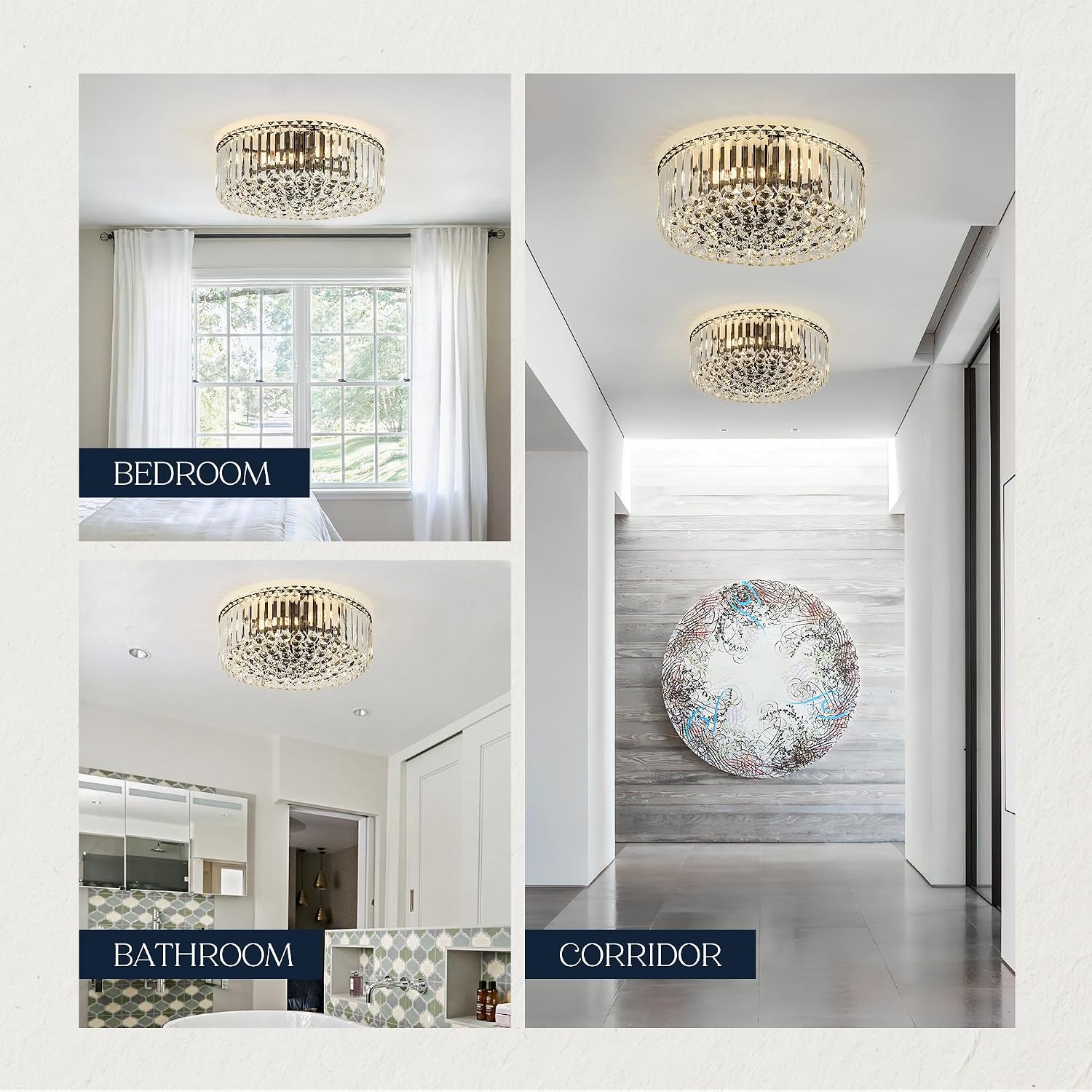 17.3' Black K9 Crystal Raindrop Flush Mount Ceiling Light, Modern Chandelier, Round Luxury Light Fixture for Dining Room, Bedroom, Hallway, Kitchen Island & Living Room