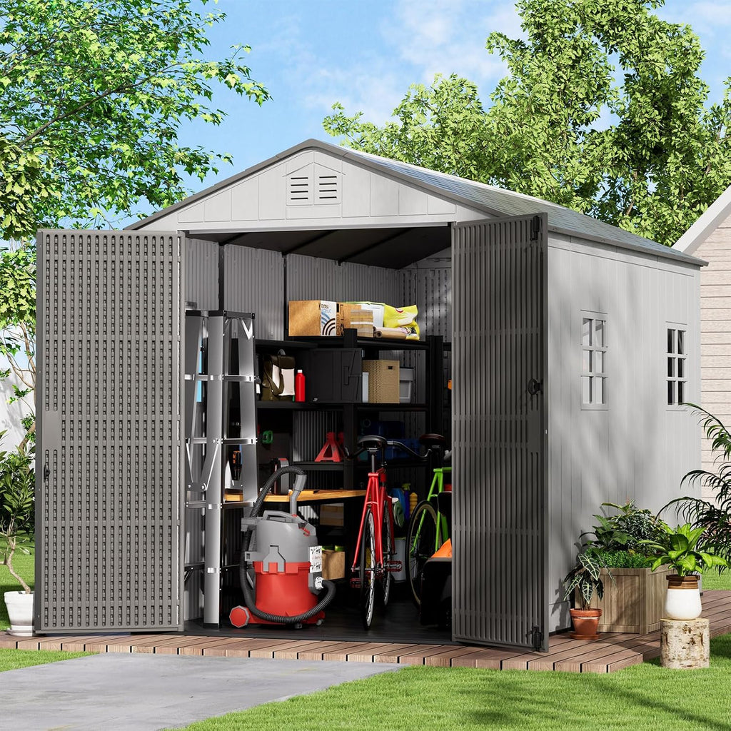 KINYING 6x11 FT Outdoor Storage Shed with Floor,Resin Outdoor Garden Tool Shed with Windows,Lockable Weather Resistant Large Plastic Shed for Bike Storage,Lawn Mower,Pool Supplies