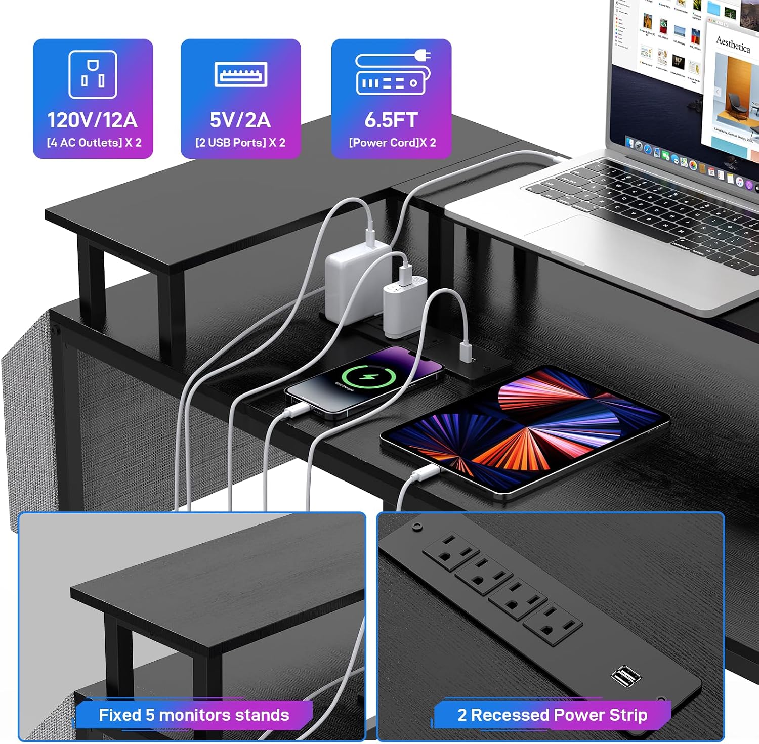 79 Inch u Shaped Desk with Power Outlets, LED Strip & Monitor Stand, Large Corner Computer Desk with Monitor Stand & with Storage Shelves for Home Office