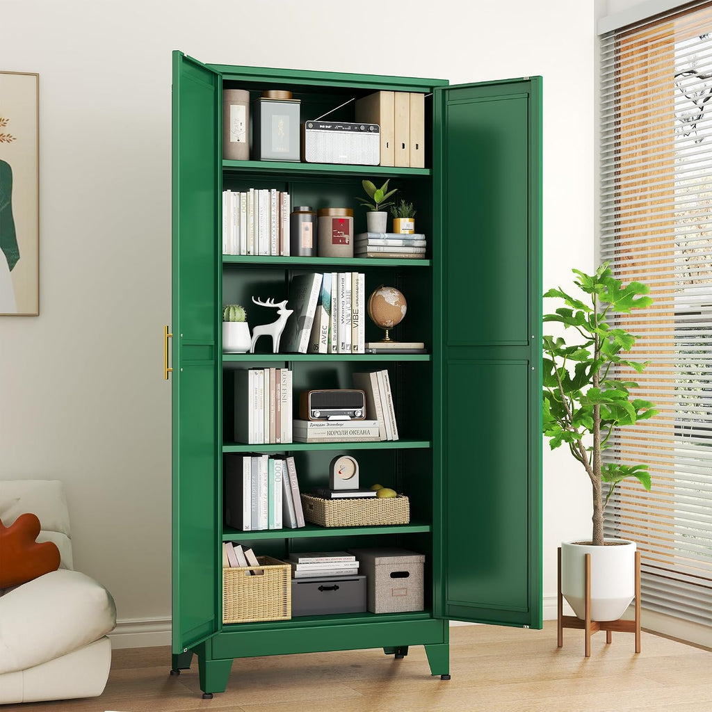 Green Metal Storage Cabinet,75' Steel Cabinets for Home Office, Kitchen Pantry Storage Cabinet with Doors and 5 Adjustable Shelves, Tool Cabinets, for Office, Home, Garage, School