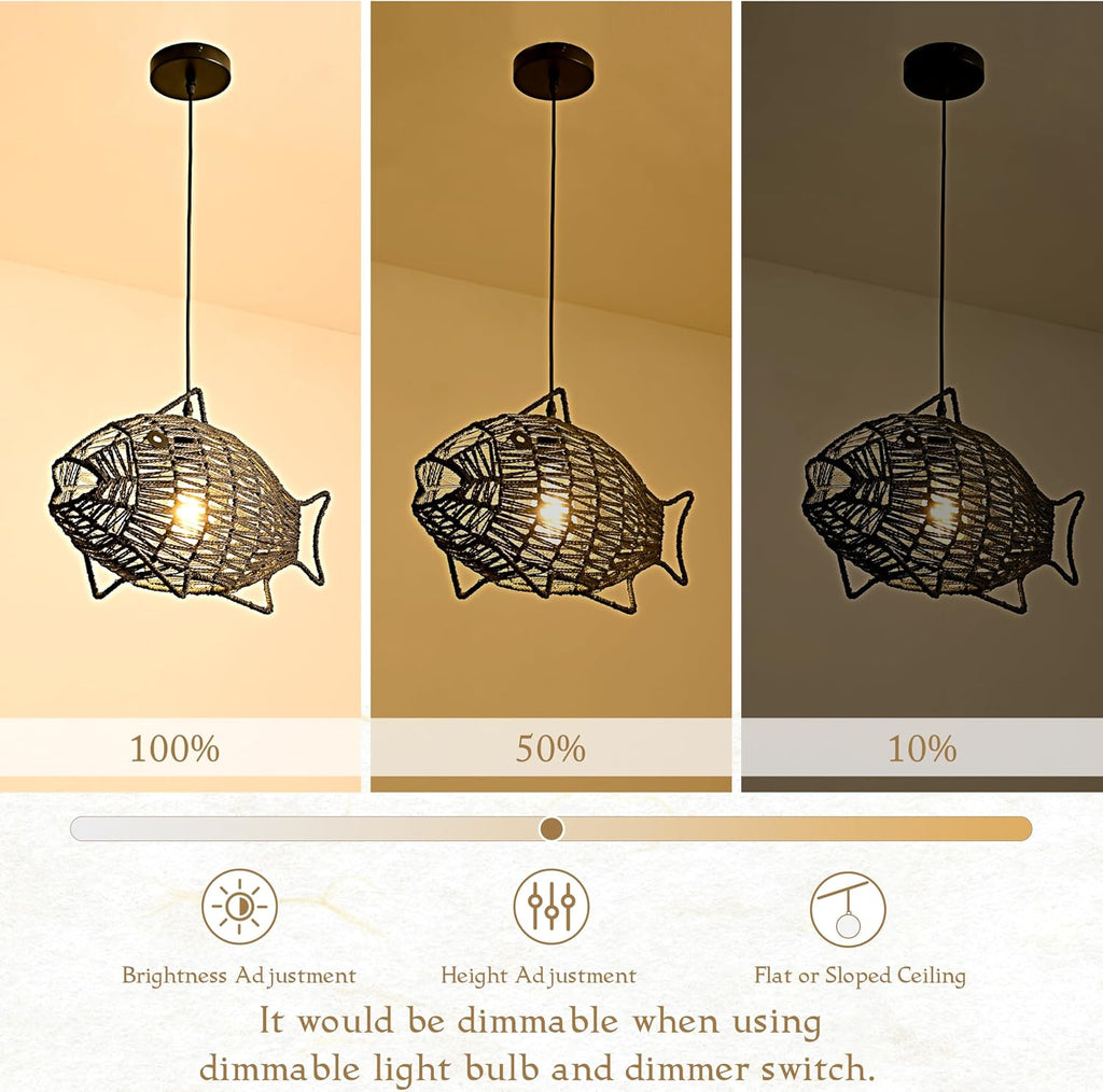 19 Inch Black Rattan Pendant Lights Boho Light Fixture Fish-Shaped Wicker Pendant Light Woven Pendant Light Hemp Rope Light for Dining Room Living Room Bedroom Kitchen Foyer(Bulb Included)