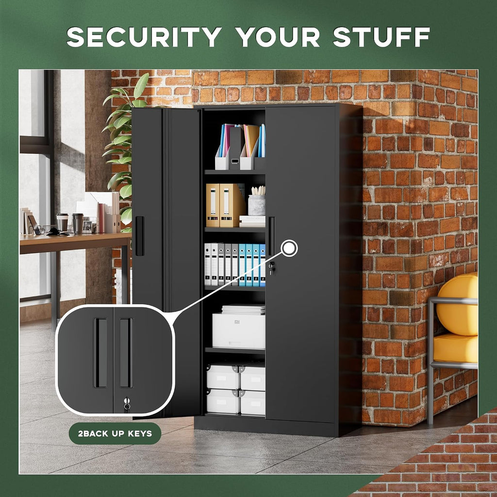 Greenvelly Metal Storage Cabinet, 72' Black Metal Locking Storage Cabinet with Doors and 4 Adjustable Shelves, Large Steel Cabinet for Home Office, Garage, Shop, School (32' W x 16' D)