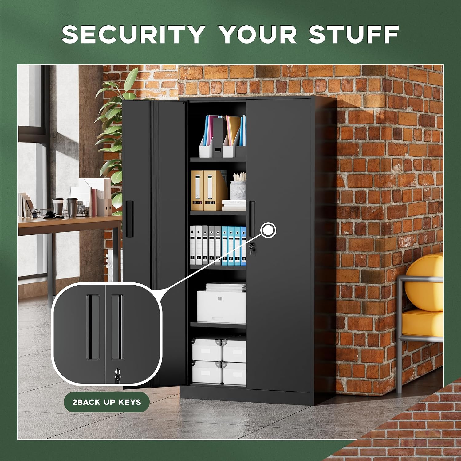 Greenvelly Metal Storage Cabinet, 72' Black Metal Locking Storage Cabinet with Doors and 4 Adjustable Shelves, Large Steel Cabinet for Home Office, Garage, Shop, School (32' W x 16' D)