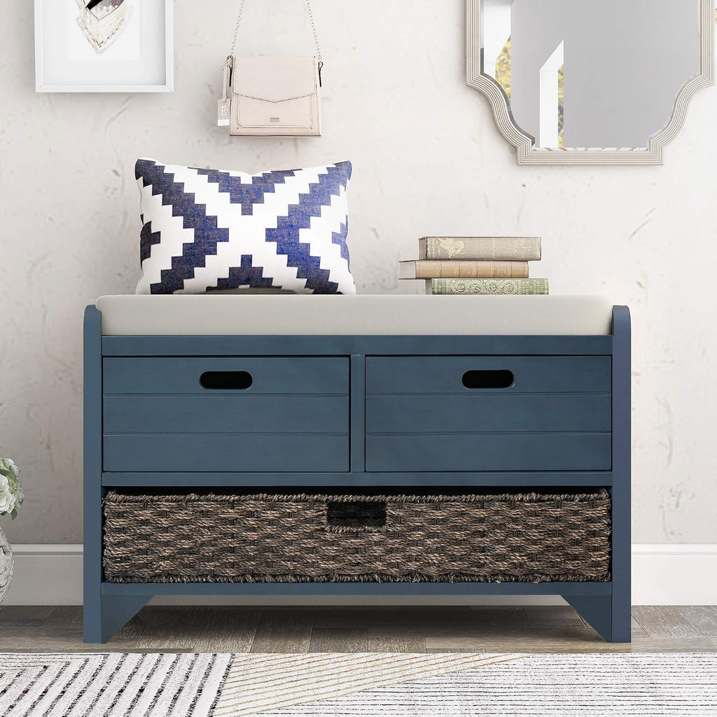 Merax Classic Wood Shoe Storage Bench with 2 Drawers, Large Rattan Basket and Seat Cushion for Entryway Hallway Front Door Navy