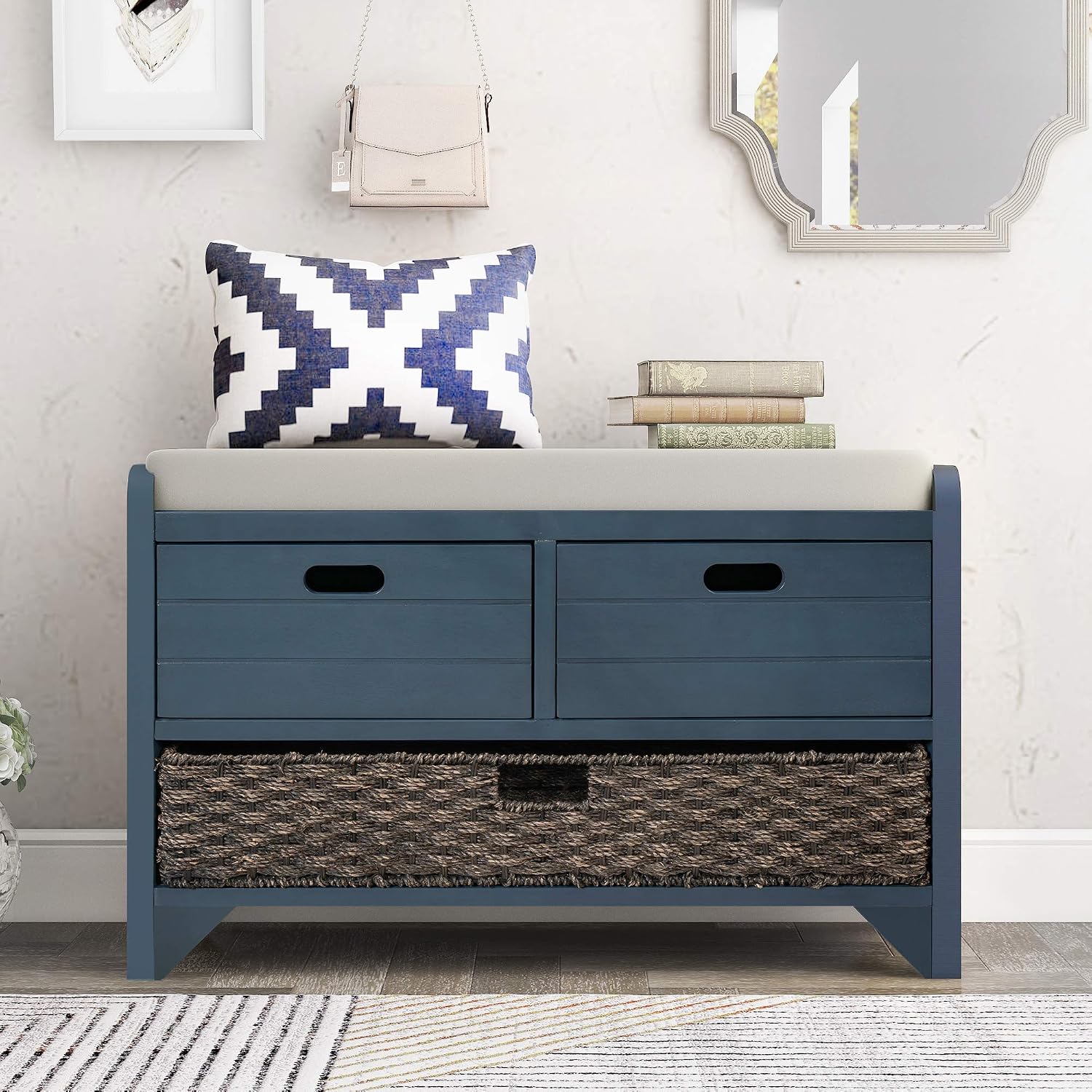 Merax Classic Wood Shoe Storage Bench with 2 Drawers, Large Rattan Basket and Seat Cushion for Entryway Hallway Front Door Navy