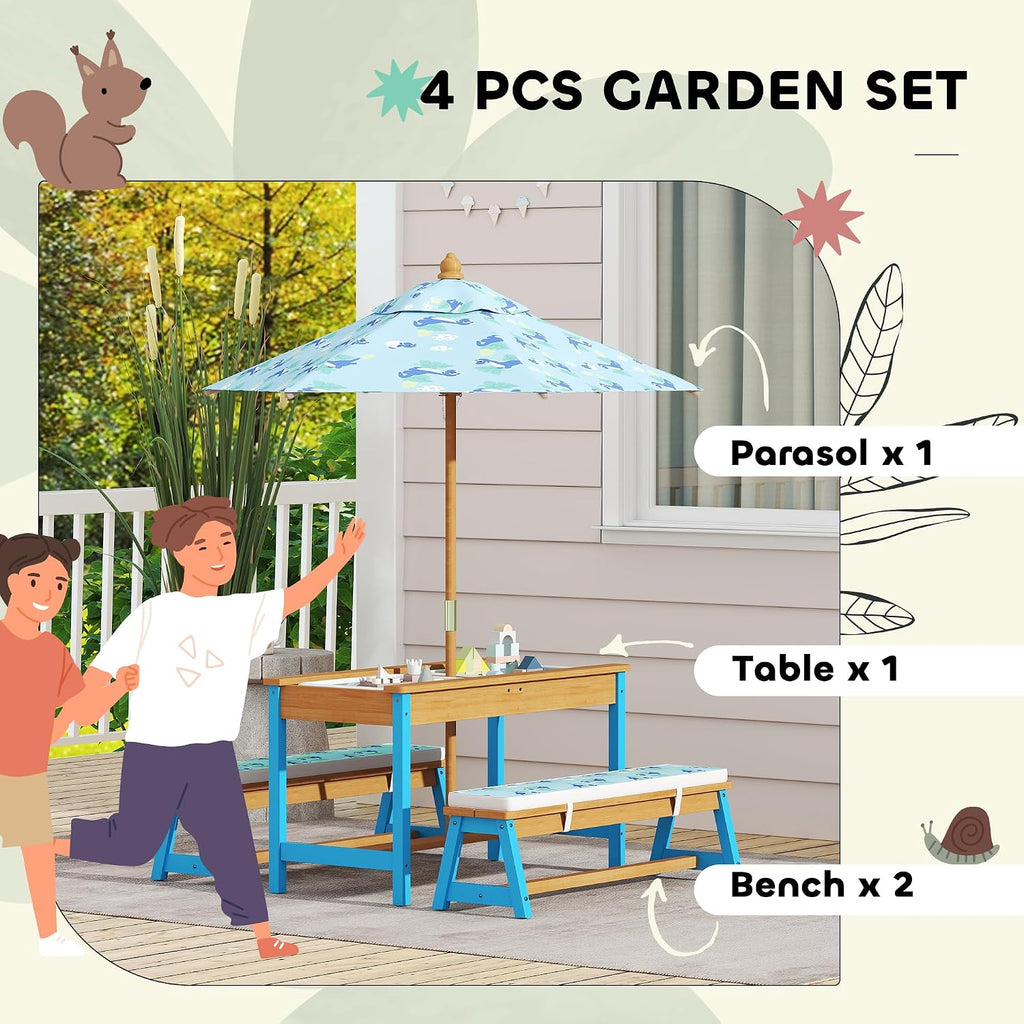 Qaba Kids Picnic Table, Wooden Table and Bench Set with Foldable Umbrella, Removable Cushions & Boxes, Dinosaur Theme Children Activity Table Outdoor Furniture for Patio, Blue