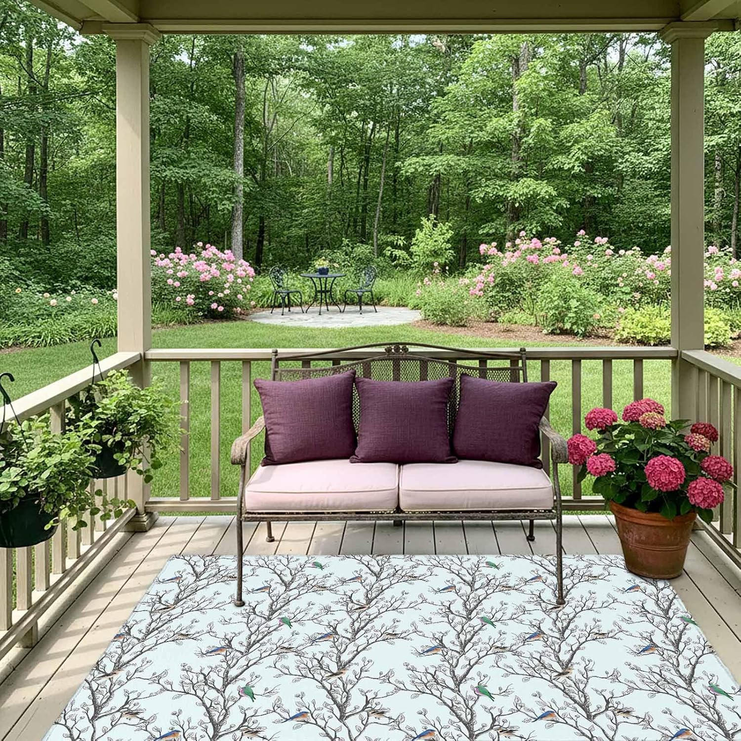 Natural Trees Branches Outdoor Rug for Patio/Deck/Porch, Non-Slip Large Area Rug 4 x 6 Ft, Colored Birds Vintage Rustic Blue Indoor Outdoor Rugs Washable Area Rugs, Camping Rug Carpet Runner