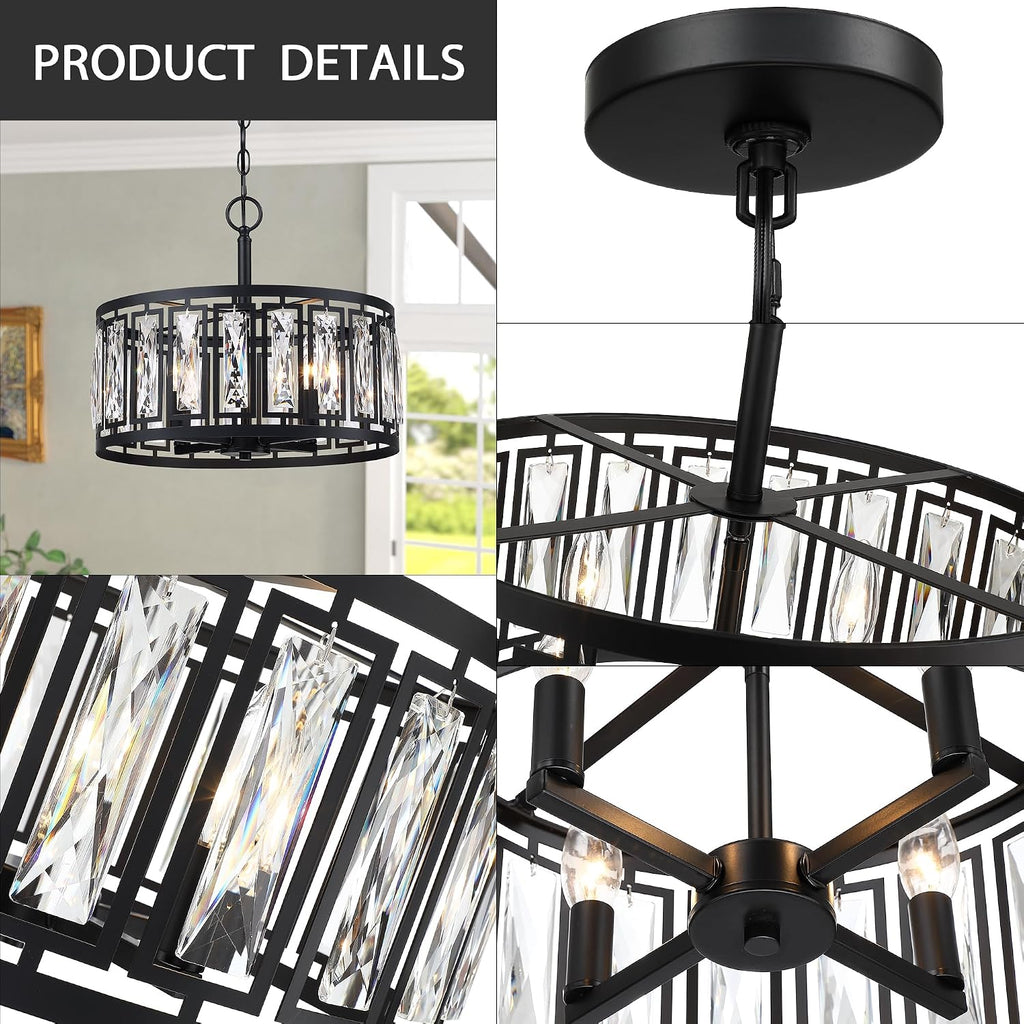 Modern Crystal Chandeliers, 4 Lights Matte Black Pendant Lighting Fixture for Dining Room Adjustable Hanging Ceiling Light for Kitchen Island