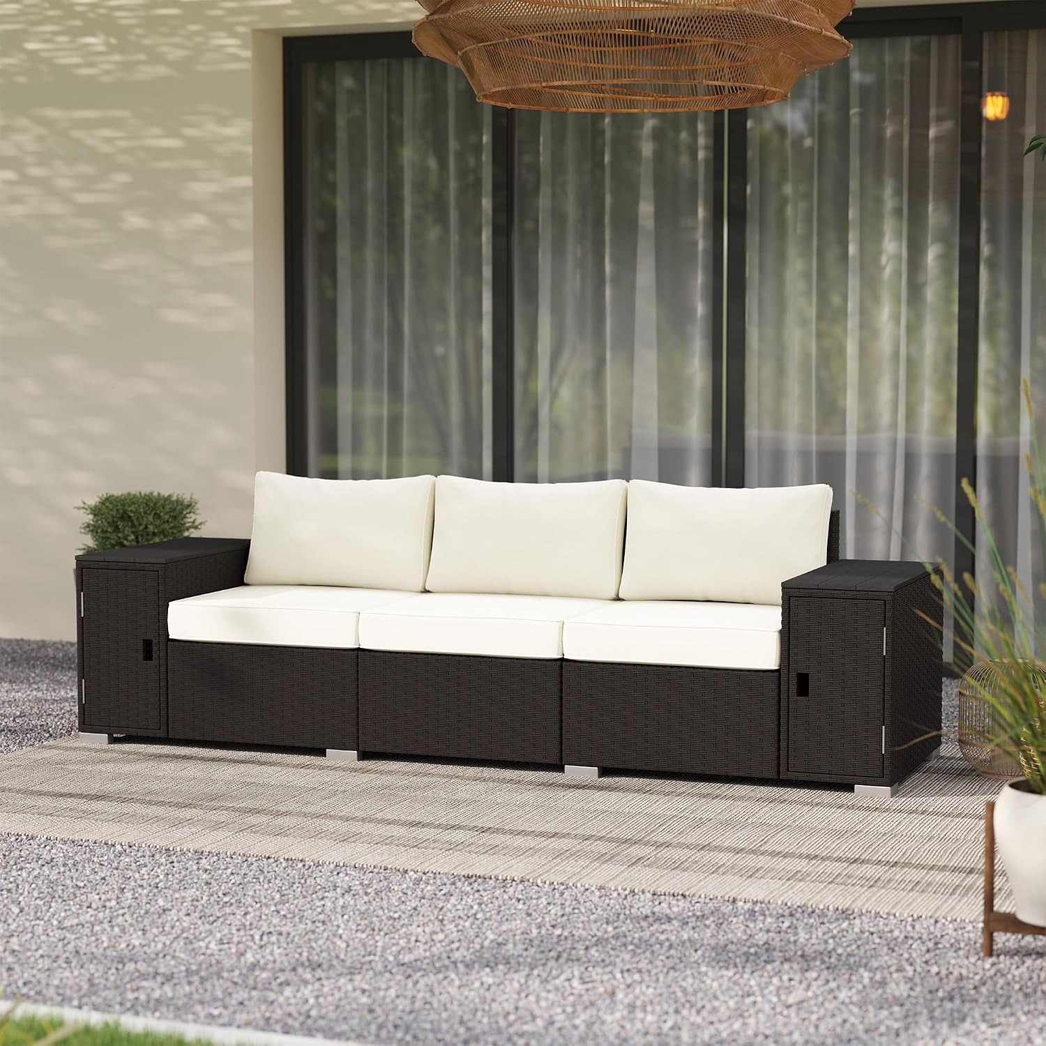 Outsunny 3 Seater Wicker Sofa with 2 Storage Side Tables and Thickened Cushions, Rattan Outdoor Patio Sofa with Wide Armrests, Wicker Outdoor Couch for Porch, Garden, Backyard, Cream White/Brown