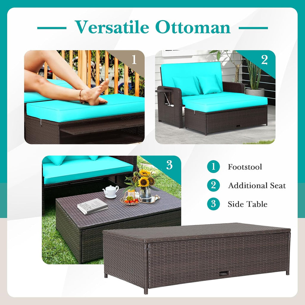 COSTWAY Patio Rattan Daybed with Cushions, Outdoor Wicker Loveseat Sofa with Storage Ottoman, 4-Level Adjustable Backrest, Bed Lounger for Yard, Balcony, Porch, Garden, Pool (Turquoise)
