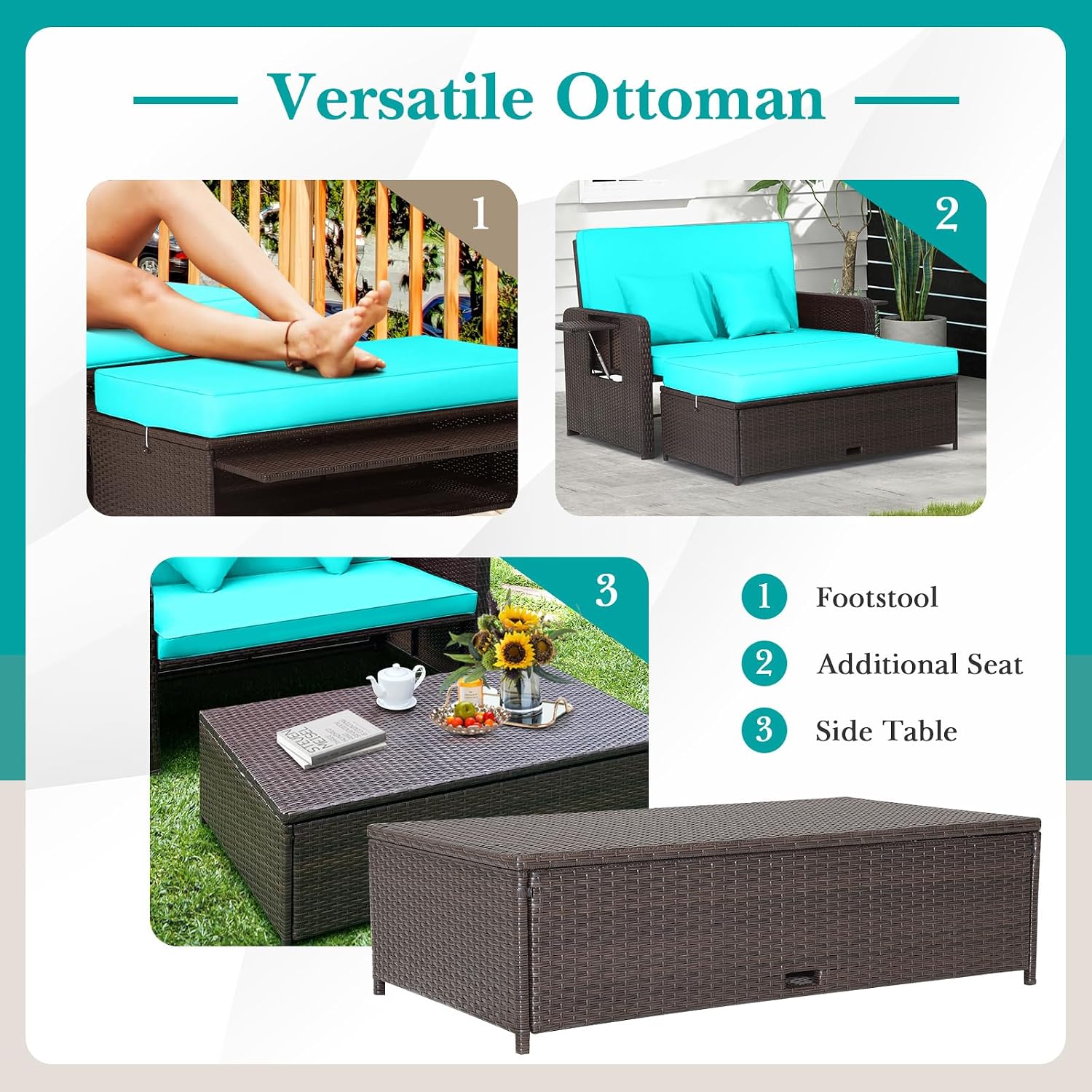 COSTWAY Patio Rattan Daybed with Cushions, Outdoor Wicker Loveseat Sofa with Storage Ottoman, 4-Level Adjustable Backrest, Bed Lounger for Yard, Balcony, Porch, Garden, Pool (Turquoise)