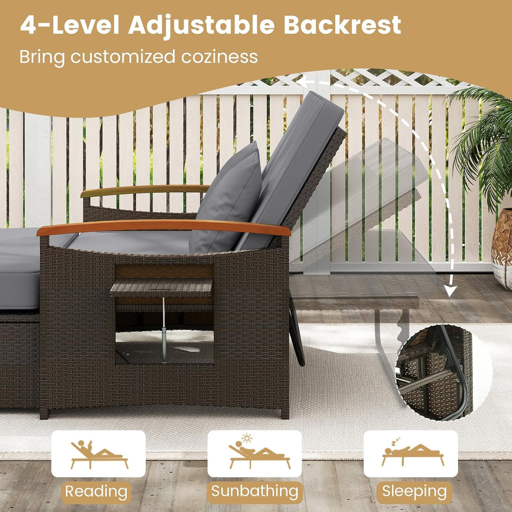 Tangkula Patio Rattan Daybed with 4-Level Adjustable Backrest, Outdoor Wicker Loveseat with Acacia Wood Armrest, Storage Ottoman & Folding Tray, Double Sunbed for Lawn Yard & Poolside, Grey & Brown