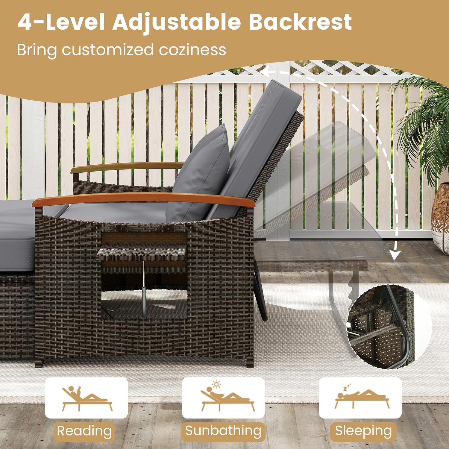 Tangkula Patio Rattan Daybed with 4-Level Adjustable Backrest, Outdoor Wicker Loveseat with Acacia Wood Armrest, Storage Ottoman & Folding Tray, Double Sunbed for Lawn Yard & Poolside, Grey & Brown