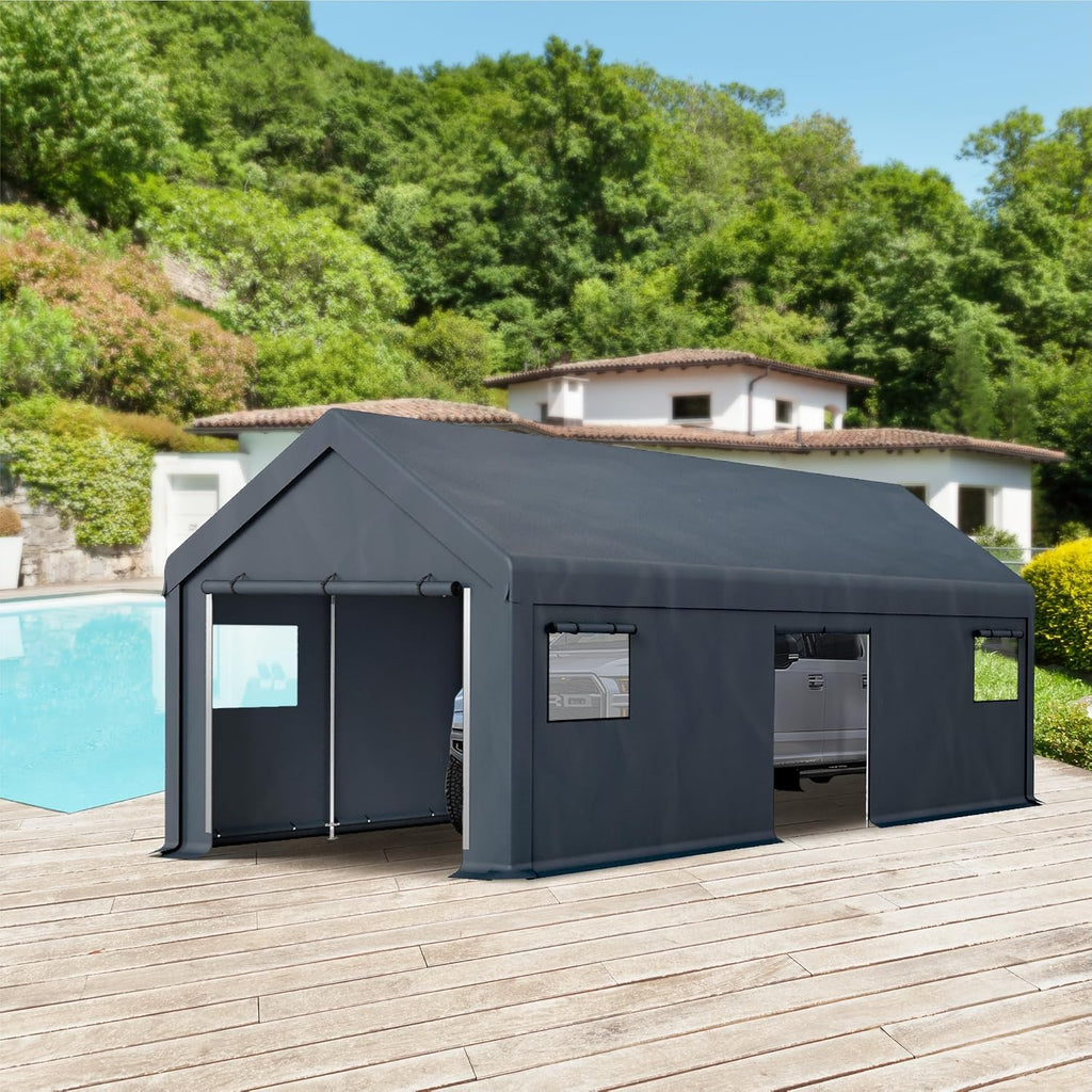 MFSTUDIO Portable Carport Garage,13x24 Car Tent Garage Heavy Duty Shed Carports Storage Tents with Rolled up Zipper Doors, Extra Large Car Canopy Tent with Roll-up Sidewalls for Boat,Truck,Tools