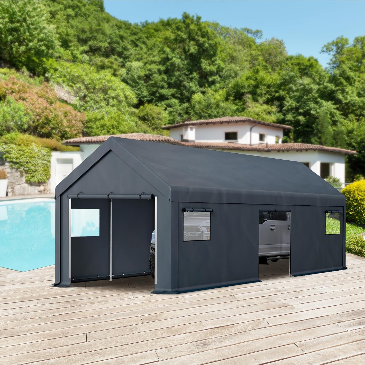 MFSTUDIO Portable Carport Garage,13x24 Car Tent Garage Heavy Duty Shed Carports Storage Tents with Rolled up Zipper Doors, Extra Large Car Canopy Tent with Roll-up Sidewalls for Boat,Truck,Tools