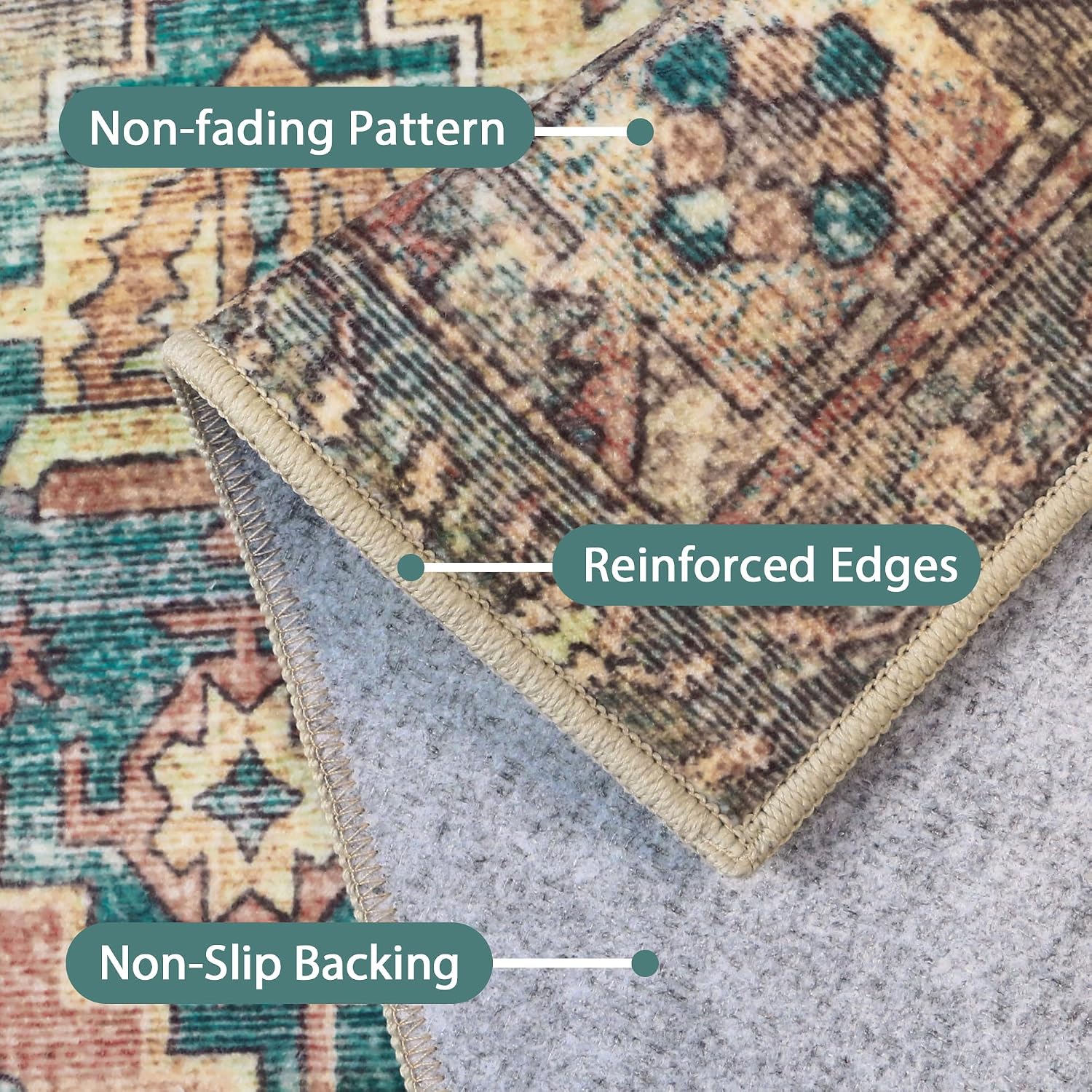 Bavni Washable Rug 8x10 Area Rug for Living Room Bedroom Dining, Washable Vintage Print Carpet, Ultra-Thin Low Pile Lightweight Rug with Non Slip Backing, Multi Green