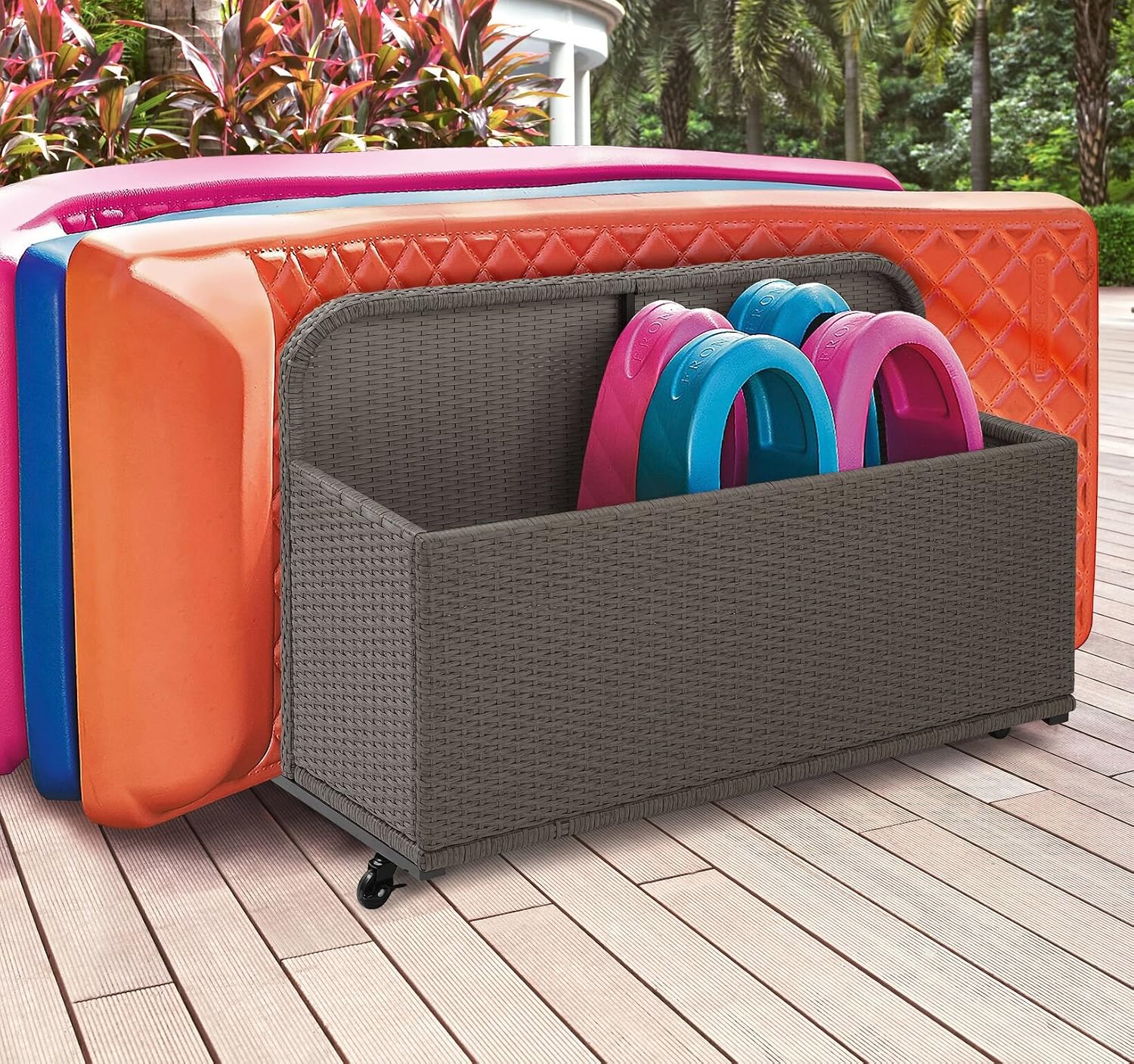 Crosley Furniture Palm Harbor Wicker Outdoor Storage Pool Caddy for Toys, Floats, Patio Furniture Cushions