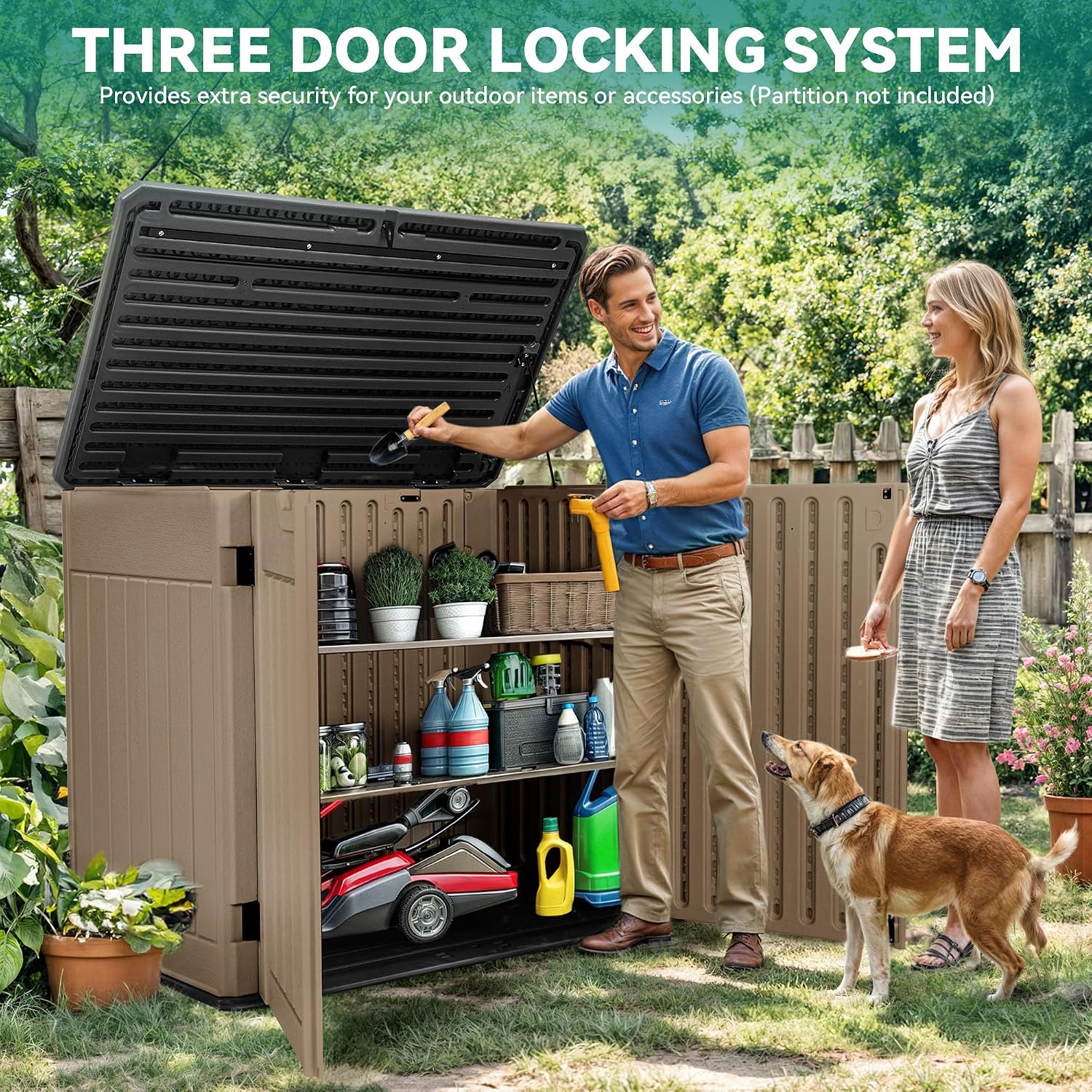 YITAHOME Large Outdoor Horizontal Storage Shed, 47 cu ft Resin Tool Shed w/o Shelf, Outdoor Waterproof Storage with Floor for Trash Cans, Garden Tools, Lawn Mower, Lockable, 4.5x2.8x3.9 ft, Brown