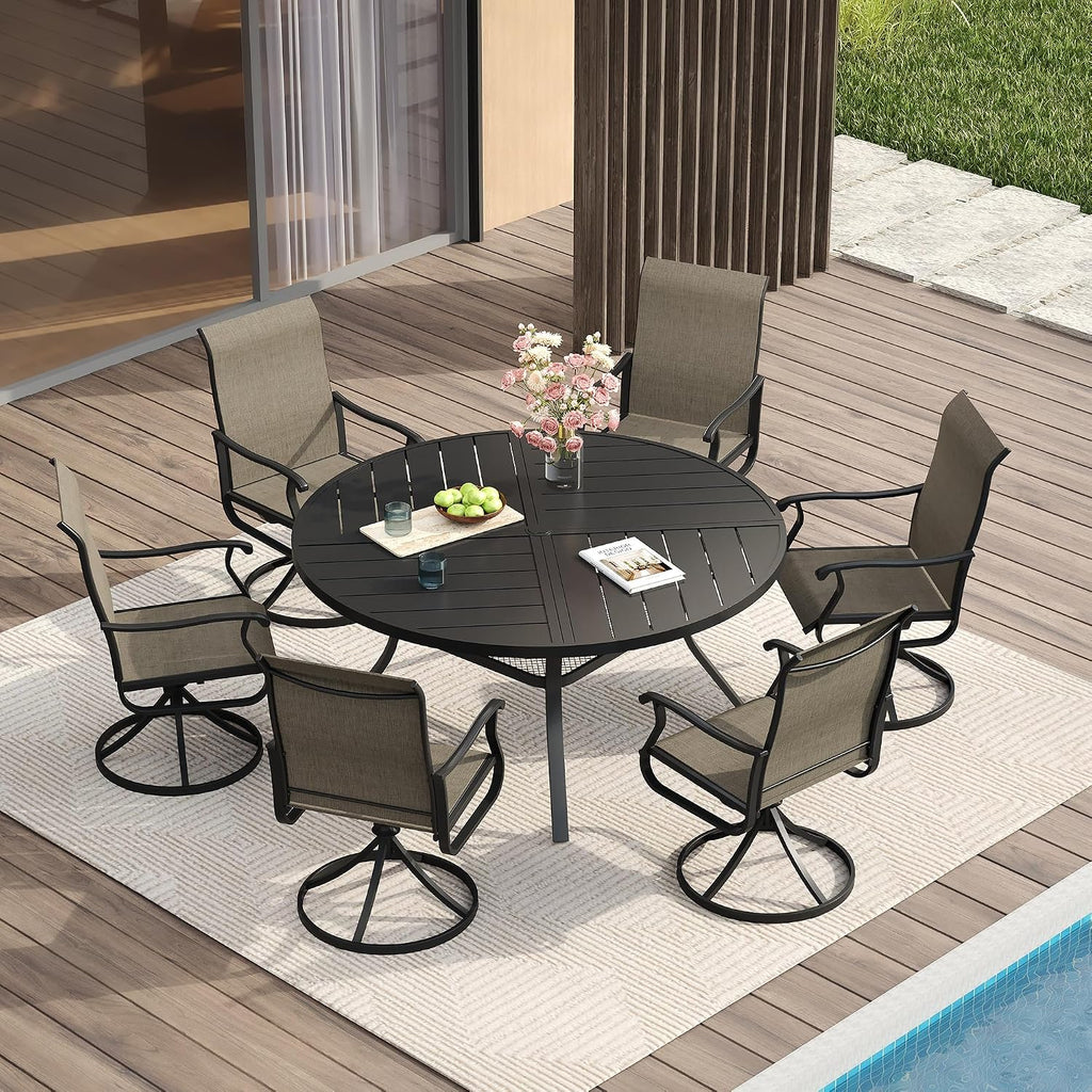 VICLLAX Round Patio Table with Adjustable Umbrella Hole for 6, All Weather 47.2' Metal Outdoor Dining Table for Lawn Garden, Black