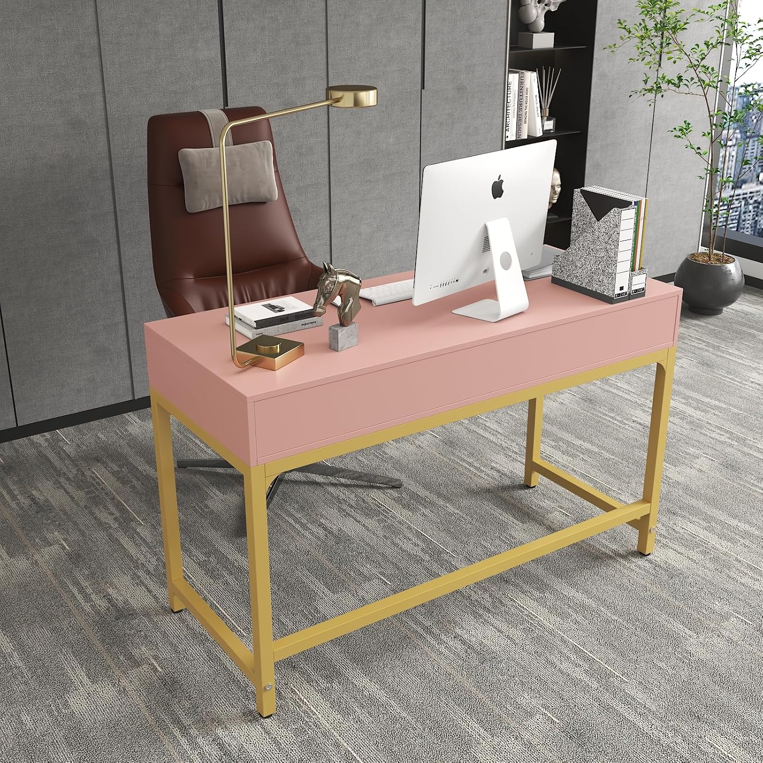 WESTREE Women Makeup Vanity Desk with 2 Drawers - Bedroom Home Office Desk, Wooden Height Monitor Stand & Storage Shelf Without Mirror, Pink Table Great Gift for Her