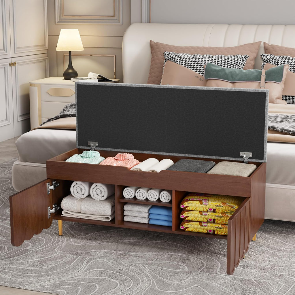 3More 40' Entryway Shoe Storage Bench,Upholstered Hidden Space Beneath Seat Cushion Bench,2-Tier Unique Geometric Shape with Wood Grain,Walnut