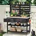 64.9' H Outdoor Potting Bench Table with Lockable Wheels,Solid Wood Outdoor Kitchen Island with Upper Hutch,Stainless Steel Top,Towel Rack,Outdoor Storage for Grilling,Lawn Garden,Grey Blue