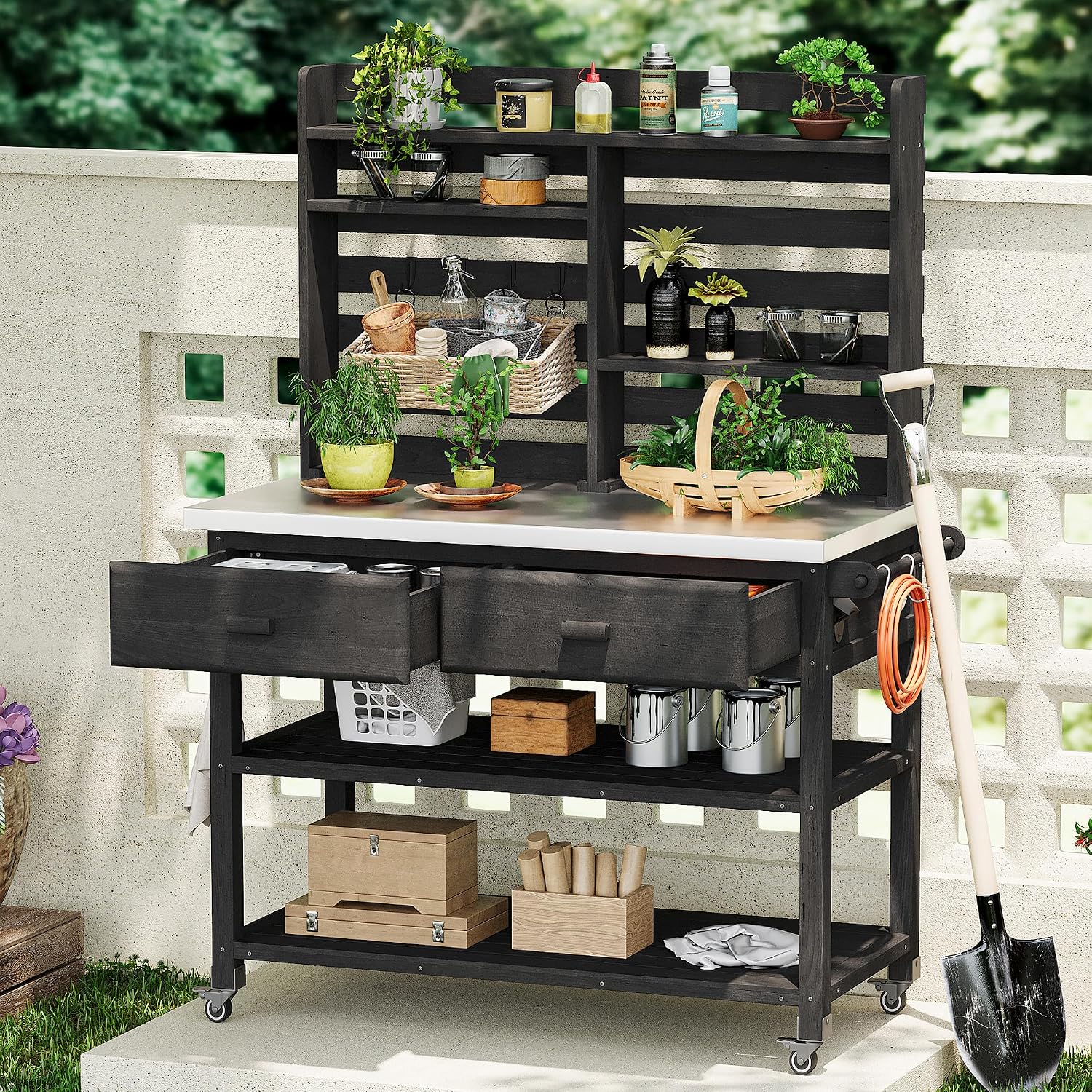 64.9' H Outdoor Potting Bench Table with Lockable Wheels,Solid Wood Outdoor Kitchen Island with Upper Hutch,Stainless Steel Top,Towel Rack,Outdoor Storage for Grilling,Lawn Garden,Grey Blue