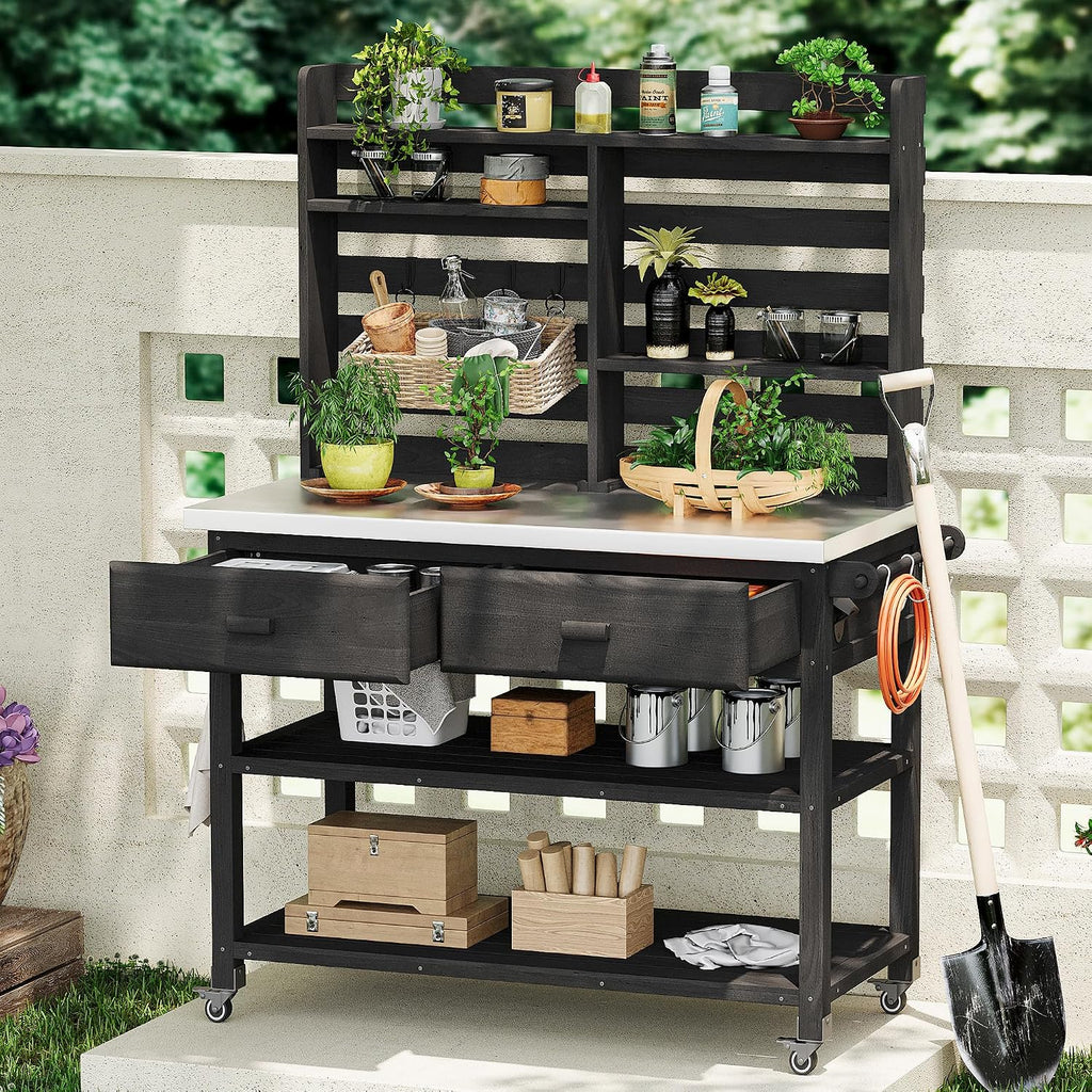 64.9'H Outdoor Potting Bench Table, Outdoor Wood Workstation Table with Lockable Wheels, Stainless Steel Top, Towel Rack, Solid Wood Outdoor Kitchen Island with Upper Hutch for Grilling, Lawn Garden