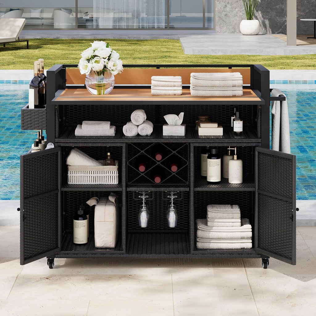 52.8' W Wicker Outdoor Bar Cart Table with Extended Plastic Wood Table Top, Outdoor Grill Cart with Large Storage Cabinet, for Patio Backyard Garden Poolside, Double Handle Design, Black