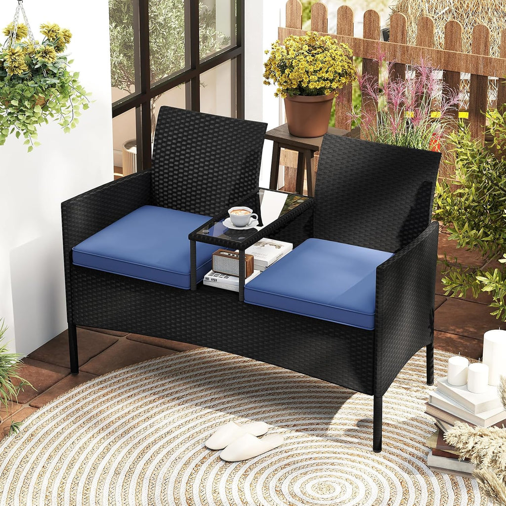 Tangkula Patio Loveseat with Built-in Table, Wicker 2-Seat Furniture with Soft Cushions & Tempered Glass Tabletop, Metal Frame Outdoor Conversation Seating Bench for Backyard, Porch