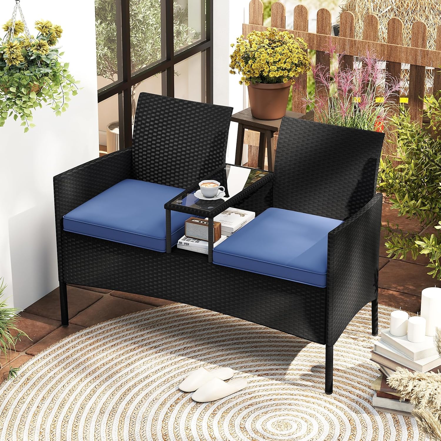 Tangkula Patio Loveseat with Built-in Table, Wicker 2-Seat Furniture with Soft Cushions & Tempered Glass Tabletop, Metal Frame Outdoor Conversation Seating Bench for Backyard, Porch
