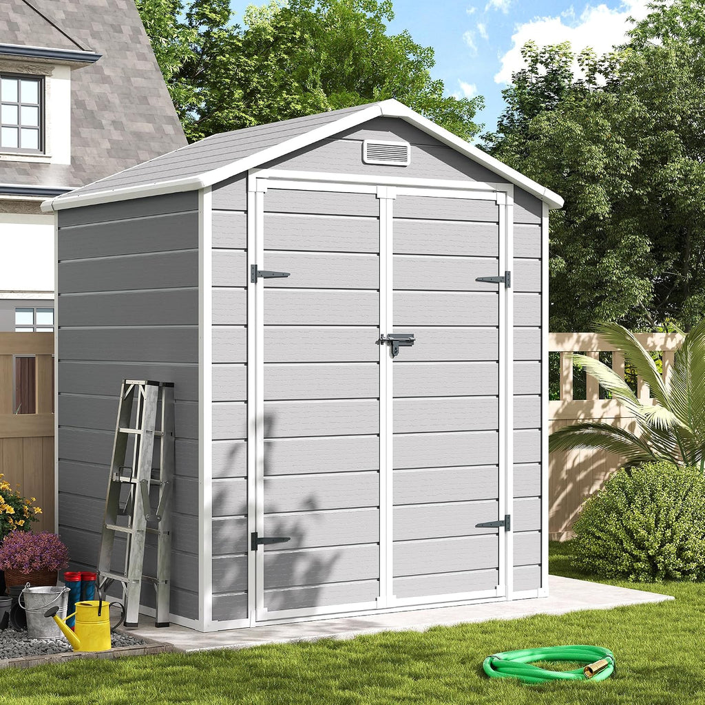 Amopatio Outdoor Storage Shed with Floor, 6x4.5 FT Plastic Shed with Ventilation, Waterproof Resin Garden Sheds for Backyard,Patio,Lawn White Grey
